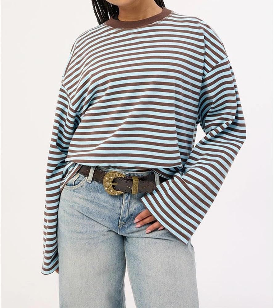Women Striped Long Sleeve Shirt Crewneck Cropped Pullover Top Fall Winter Vintage Sweatshirt Streetwear