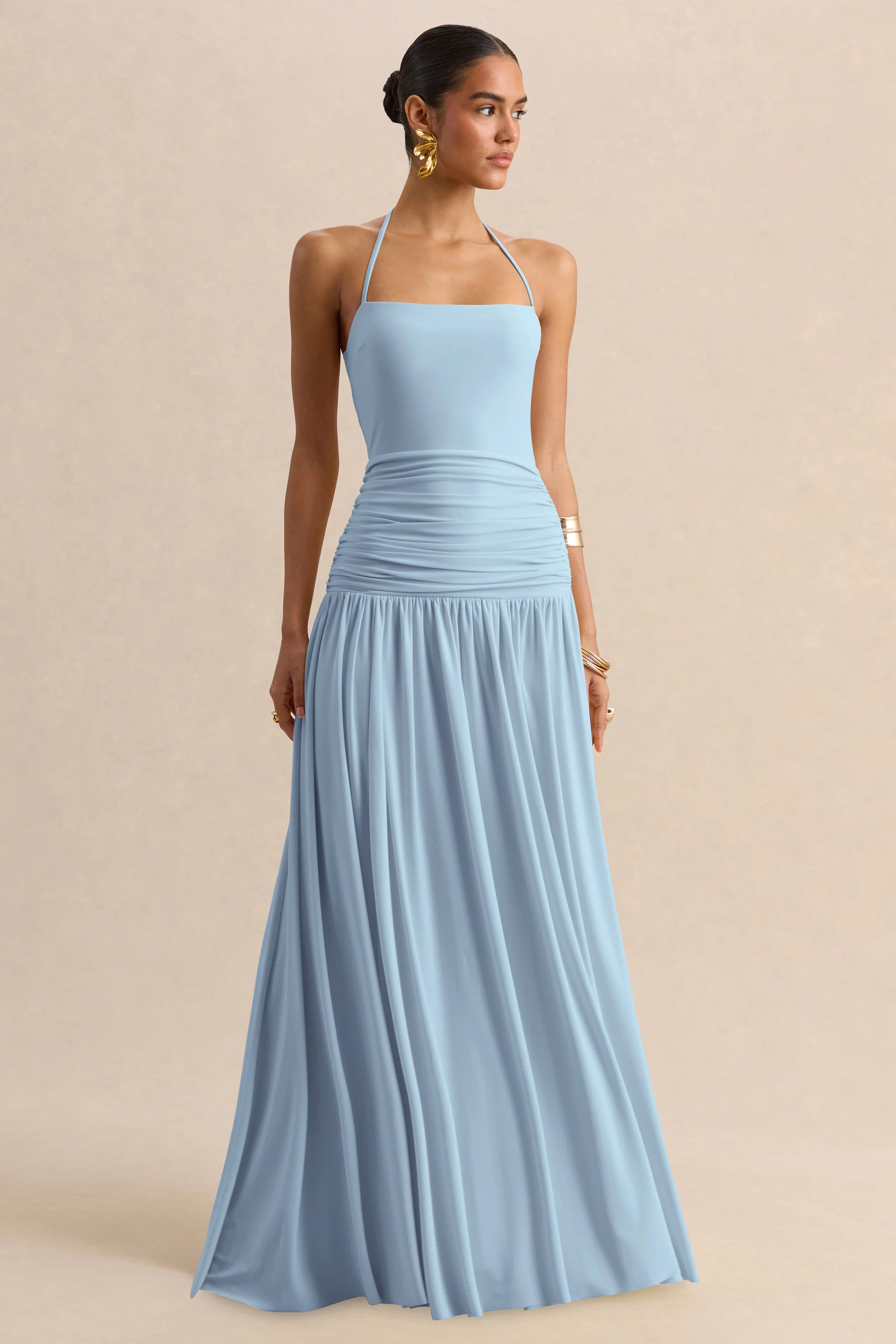 Nicolette Powder Blue Square Neck Maxi Dress With Ruched Detailing