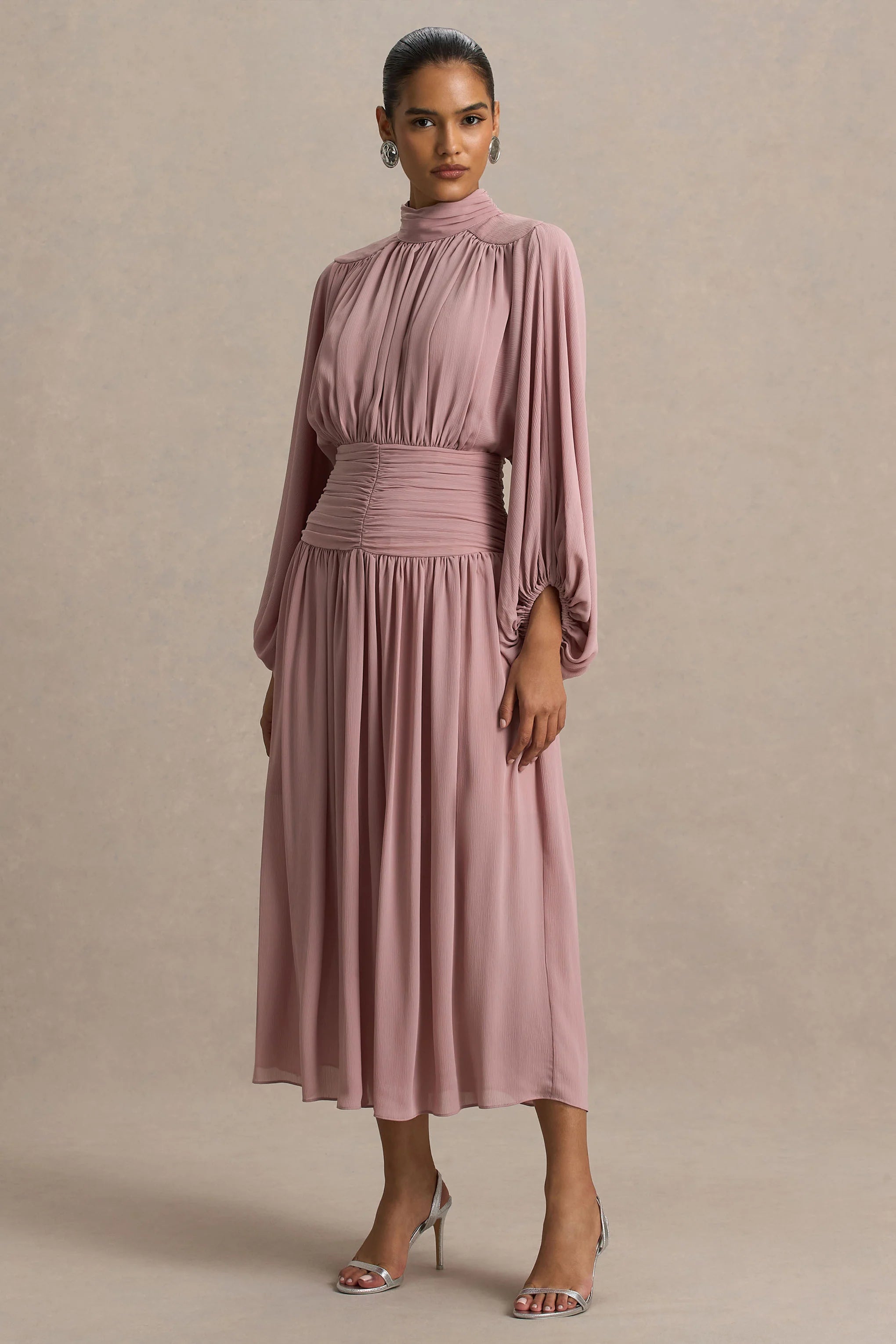 Annabel Dusty Pink High Neck Midi Dress With Drop Waist And Pleated Detailing