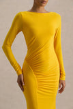 Diva Yellow Slashed Neck Maxi Dress With Ruched Detailing