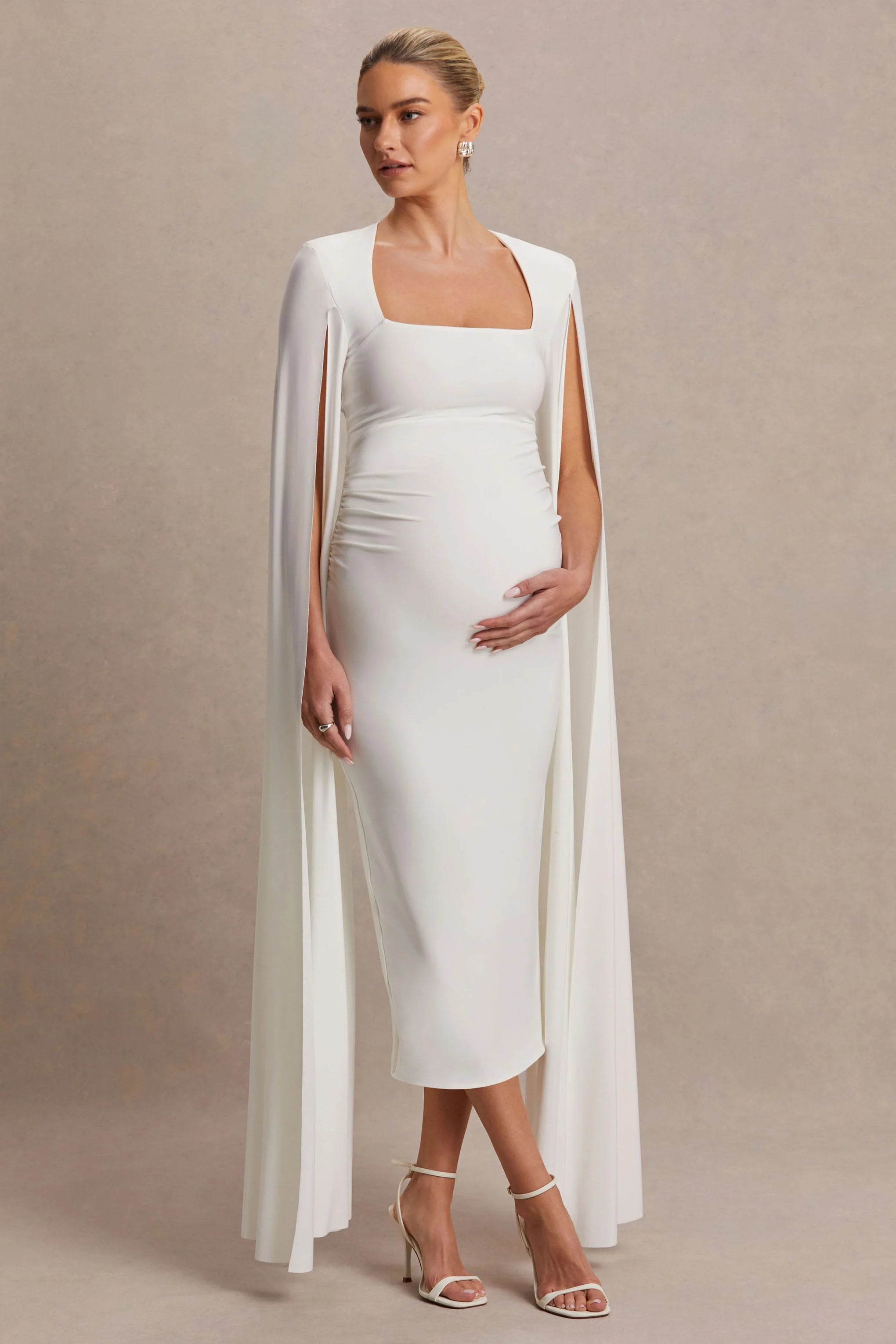 Flawless White Square Neck Maternity Midi Dress With Cape Sleeves