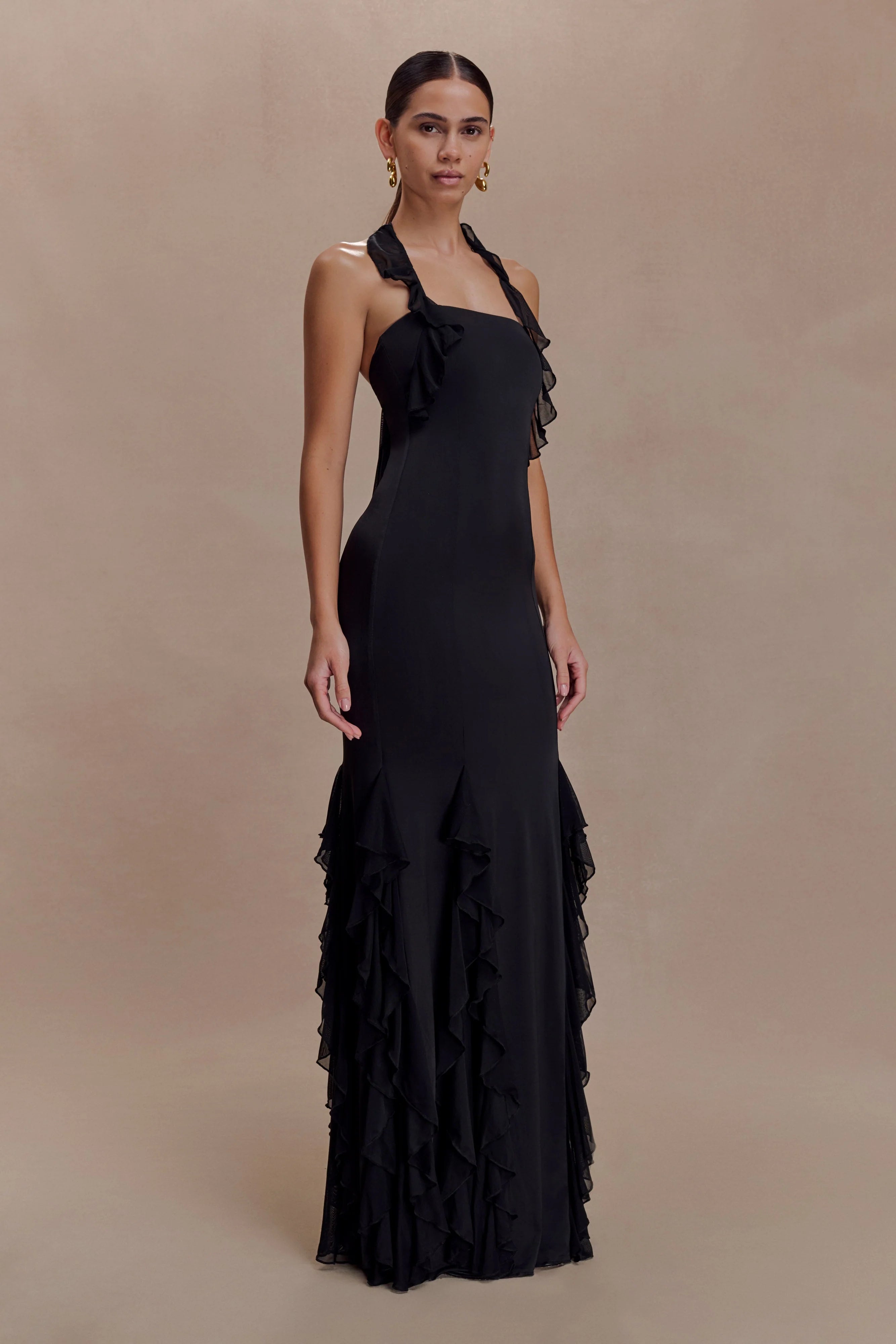 Etta Ruffle Slinky Maxi Dress Black
