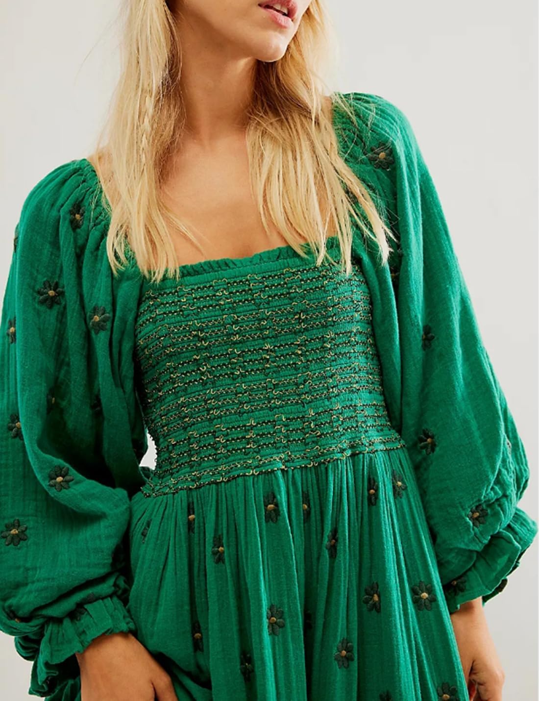 Women Floral Embroidered Maxi Dress Long Puff Sleeve Square Neck Bohemian Flowy Dress with Pockets Summer Fall