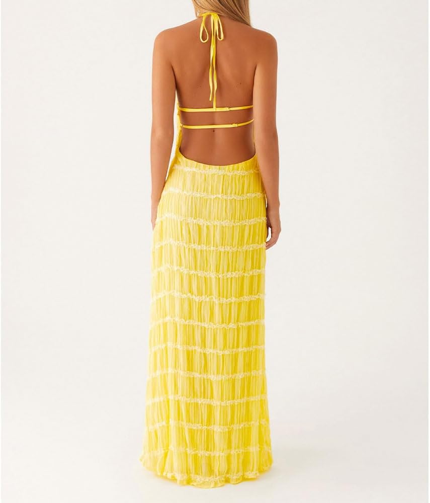 Women Backless Dress Sleeveless Textured Halter Open Back Maxi Dresses Vacation Wedding Guest