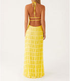 Women Backless Dress Sleeveless Textured Halter Open Back Maxi Dresses Vacation Wedding Guest