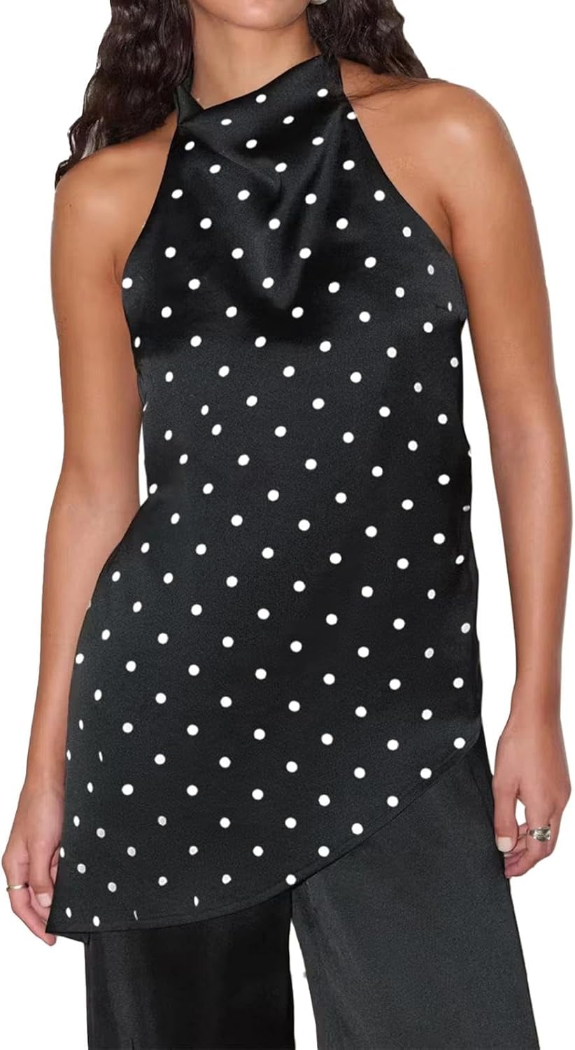 Women Polka Dot Satin Halter Top Backless Side Slit Tank Tops Going Out Clubwear