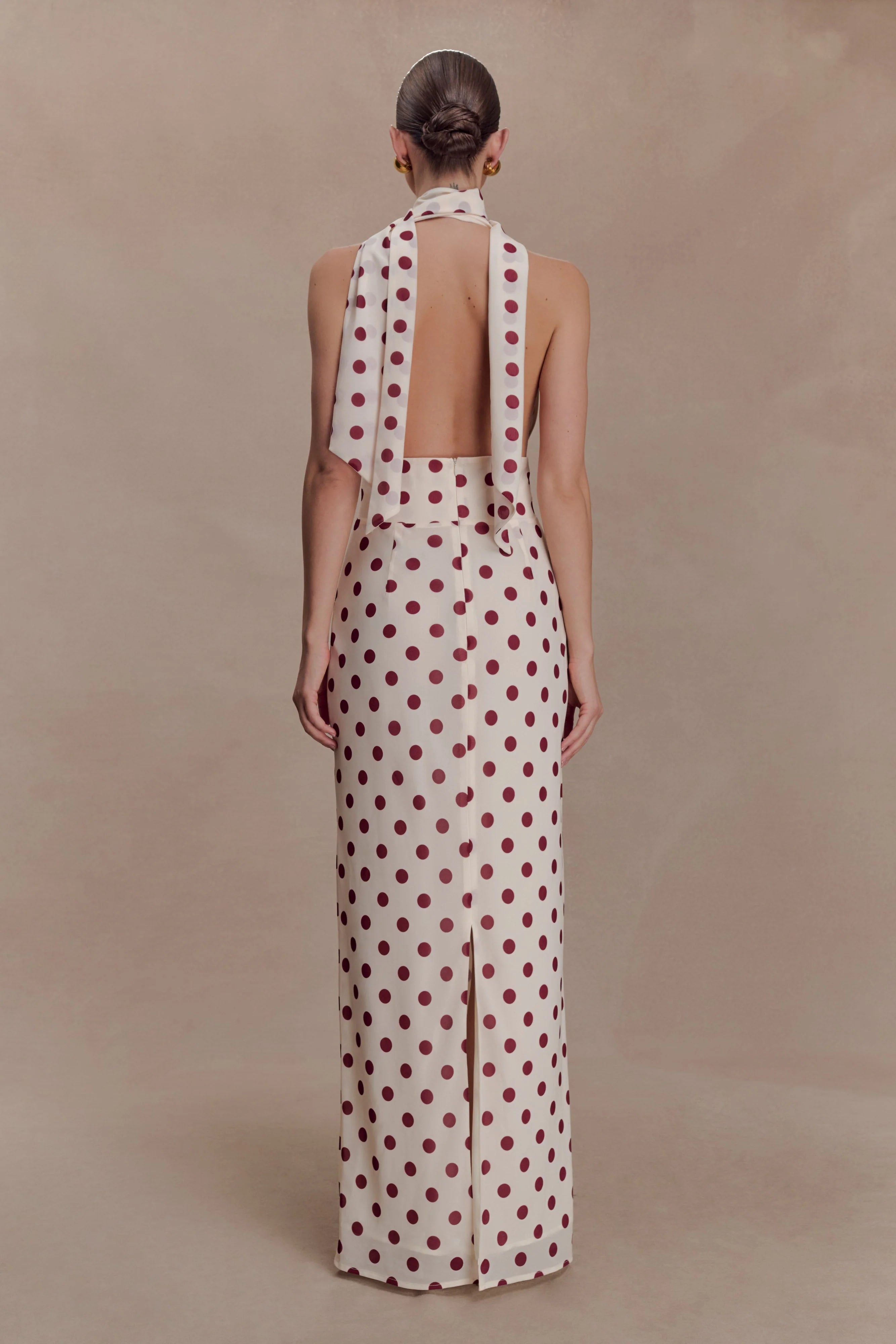 Nadine Halter Chiffon Maxi Dress Ivory Merlot Polka Dot