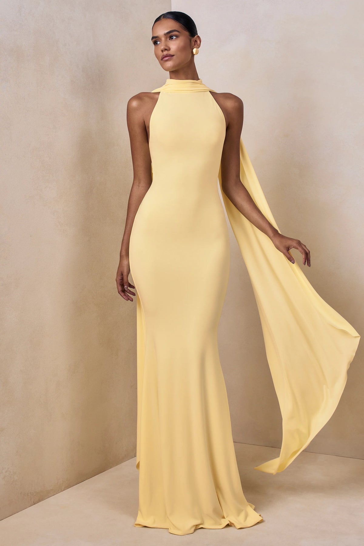 Cordy Lemon High Neck Maxi Dress With Cape