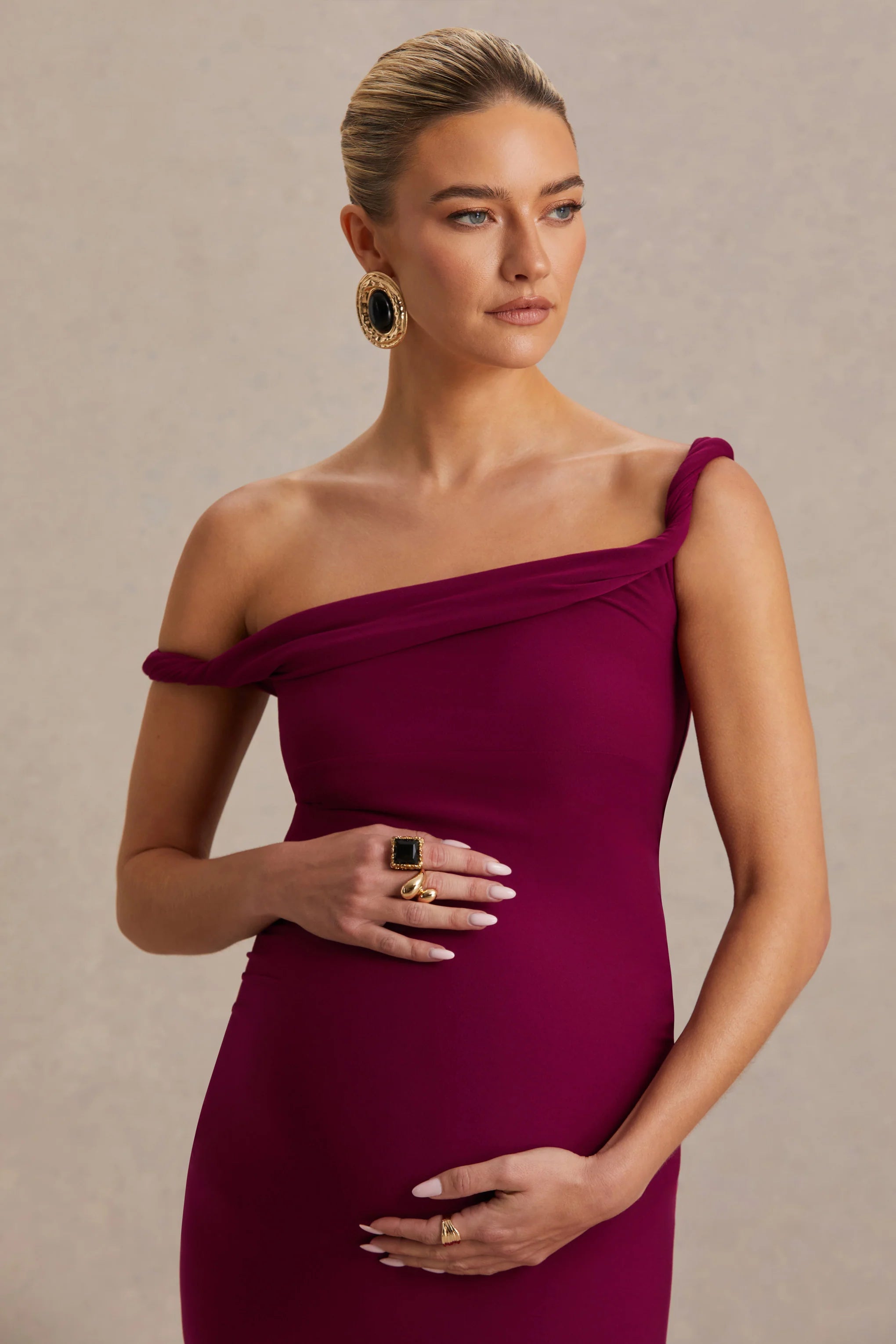 Salome Burgundy Twisted Asymmetric Maternity Midi Dress