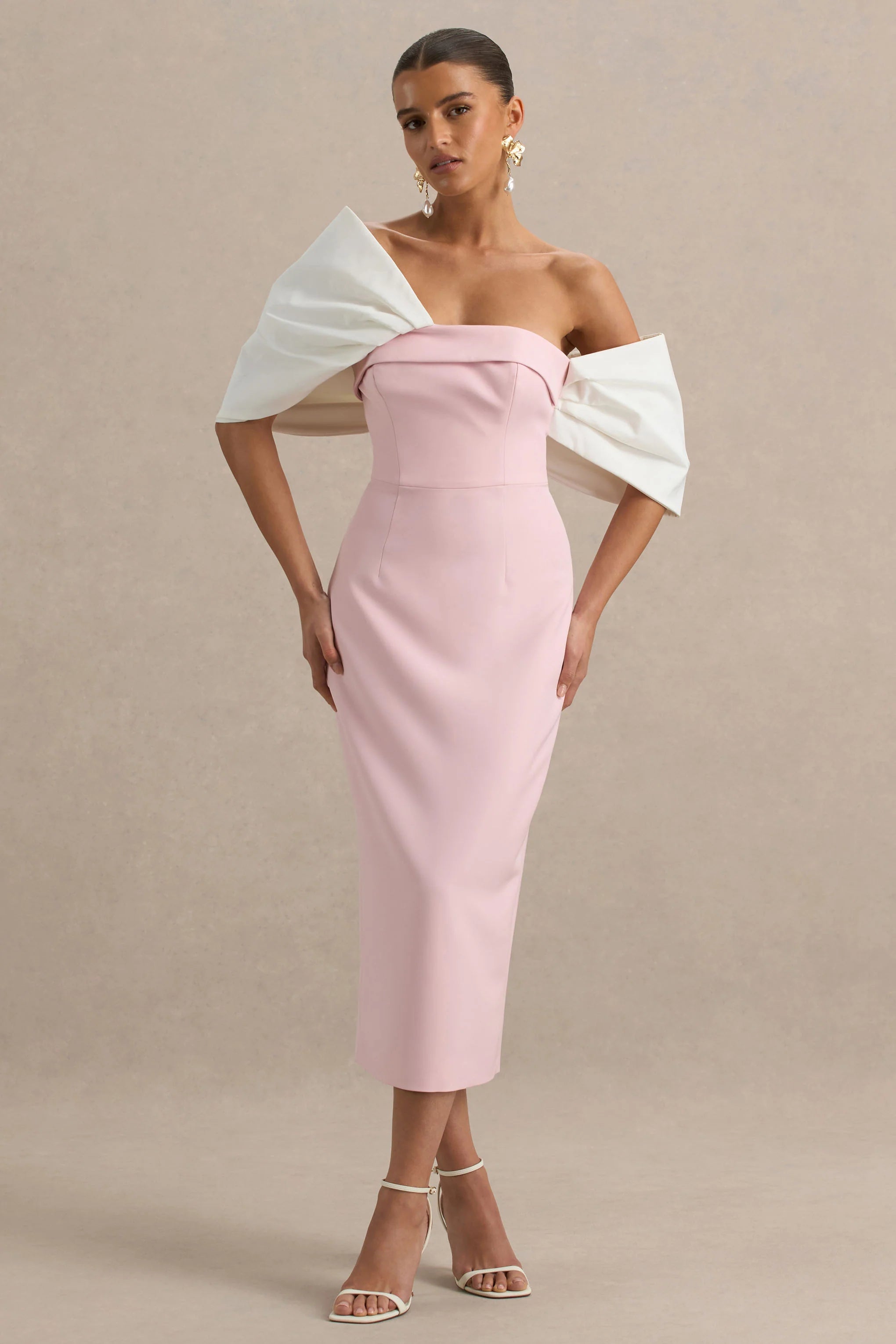 Lucille Rose Pink Asymmetric Bardot Midi Dress With Bow Detail