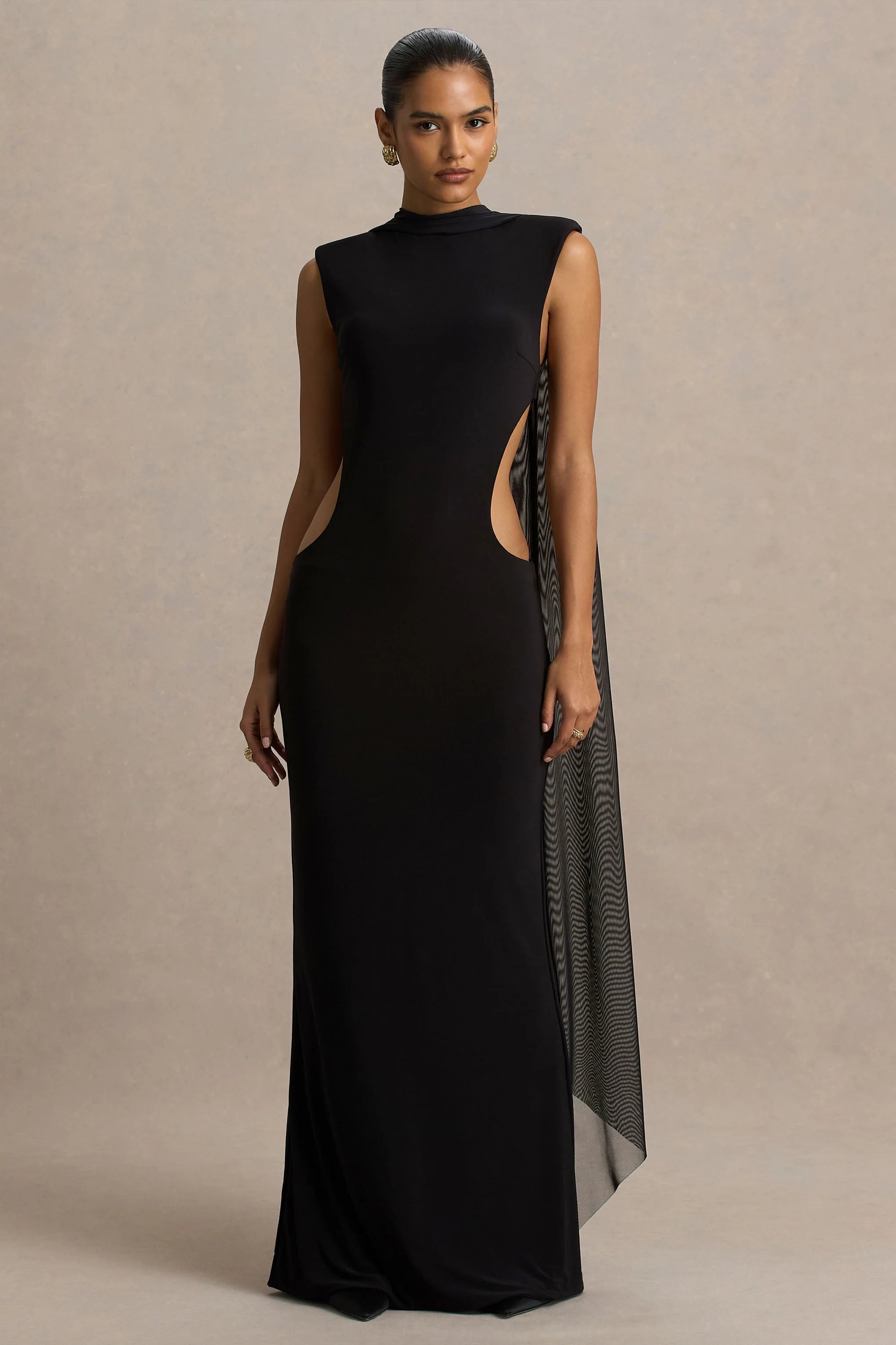 Katara Black High Neck Maxi Dress With Body Cut Out Details