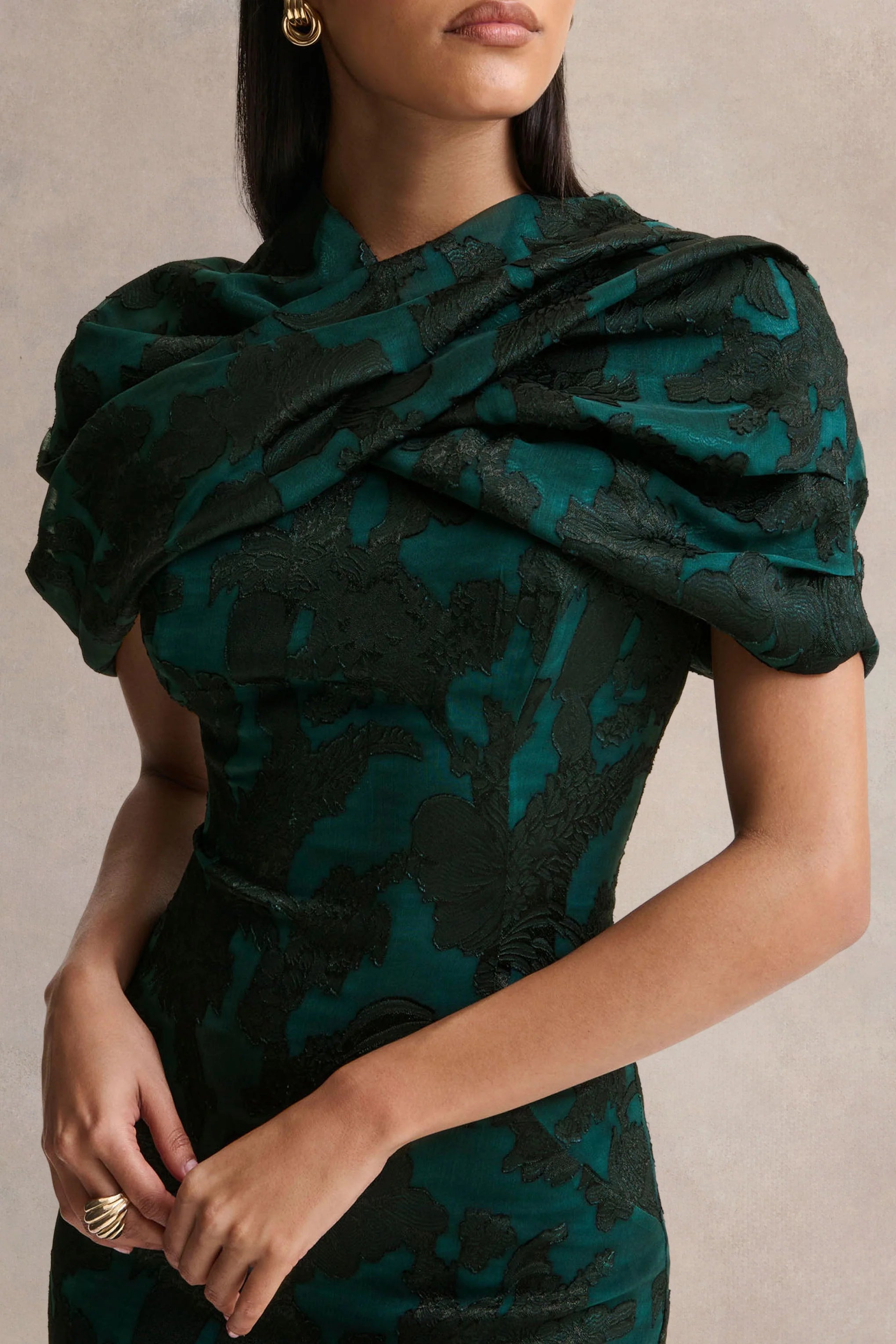 Hada Dark Green Satin Devore Square Neck Maxi Dress With Removable Twisted Cape