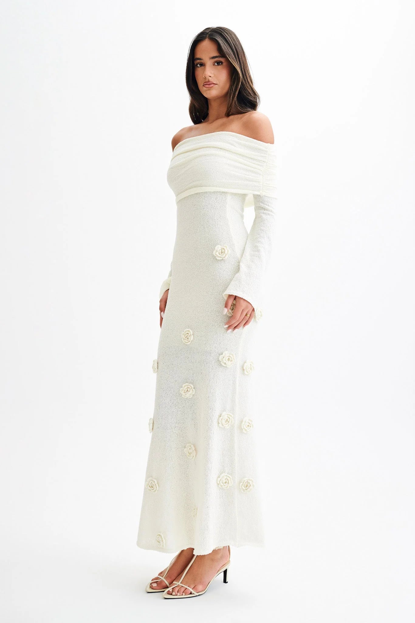 Kiki Off Shoulder Knit Rose Maxi Dress Ivory