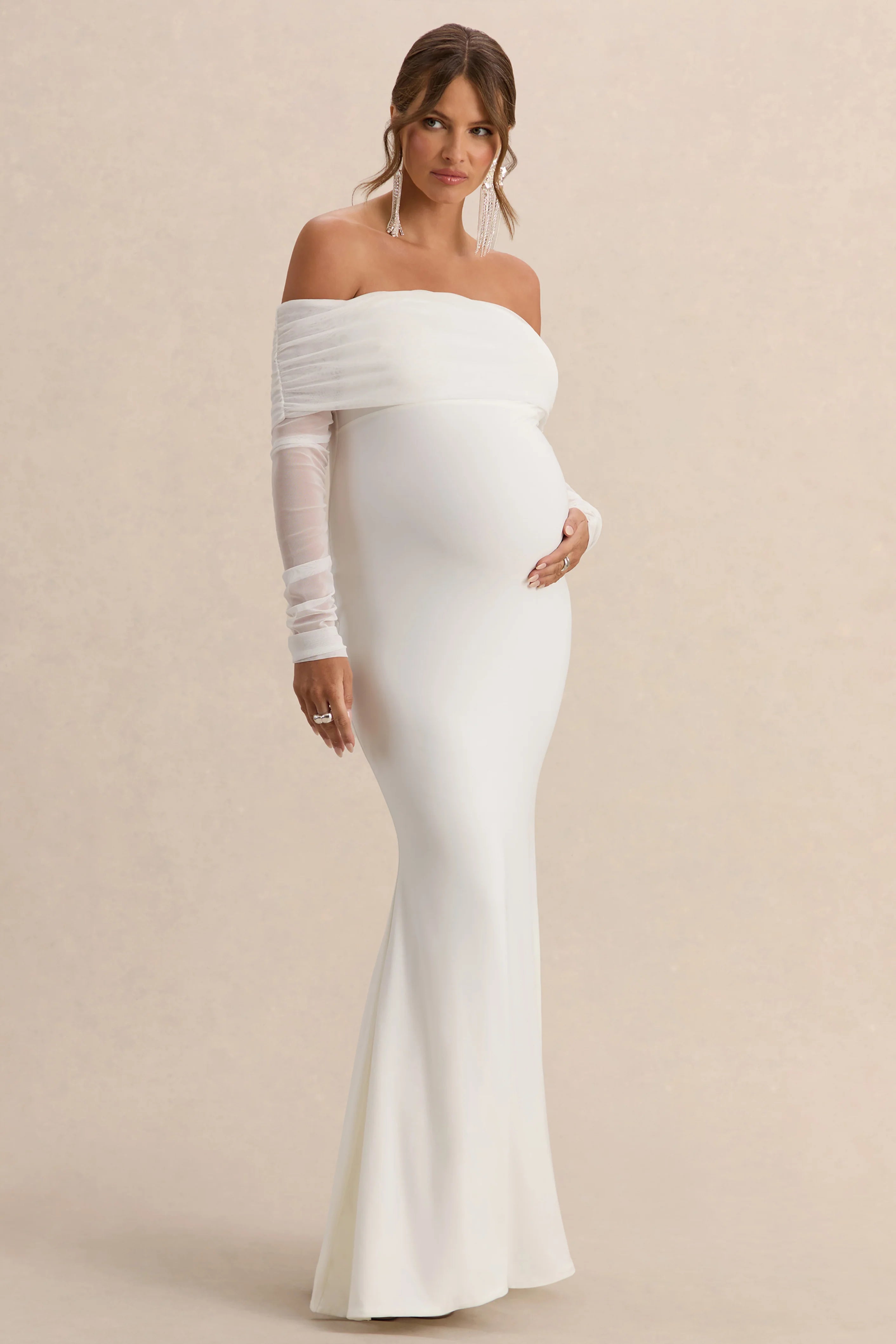 Pretty Perfect White Maternity Ruched Mesh Bardot Maxi Dress