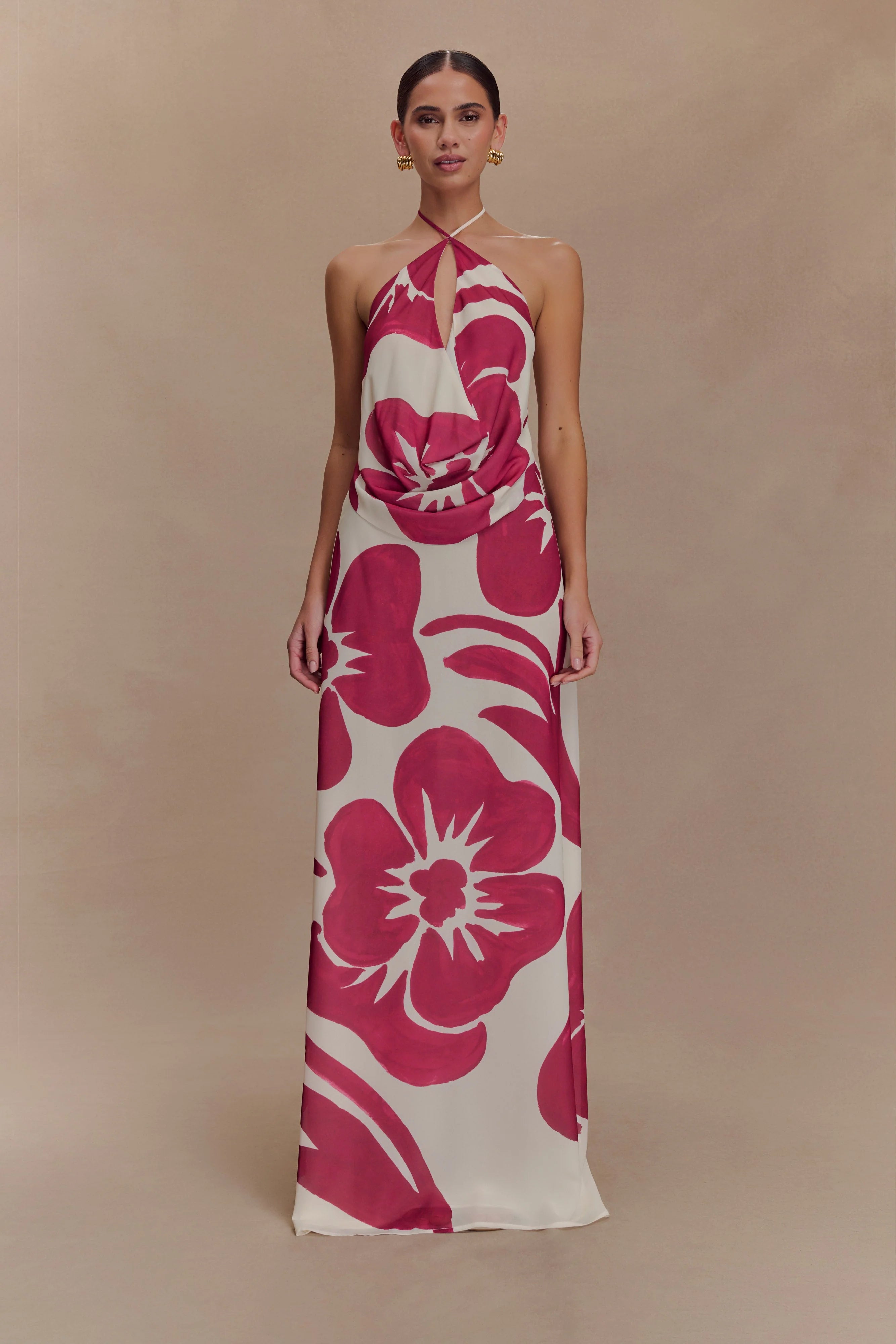 Katalina Chiffon Cowl Halter Top Red Deco Fleur Print