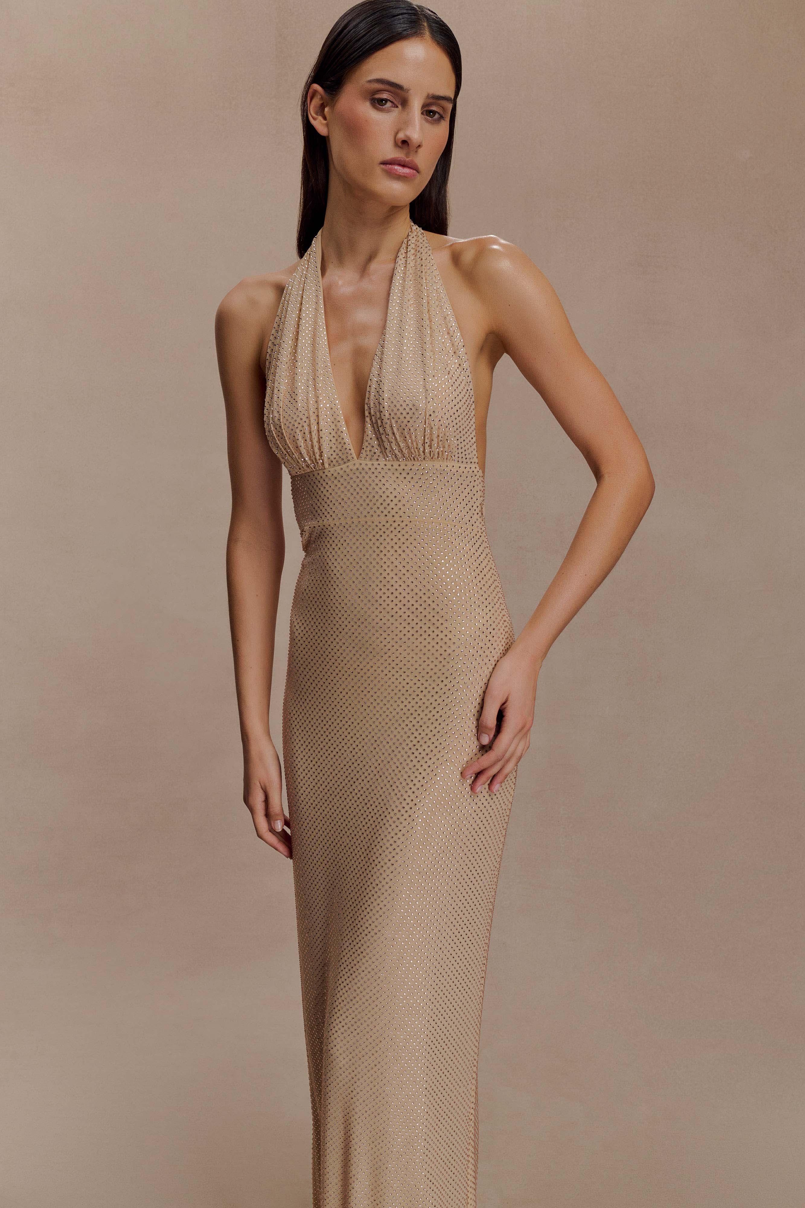 Harriet Halter Neck Diamante Maxi Dress Sandy Gold