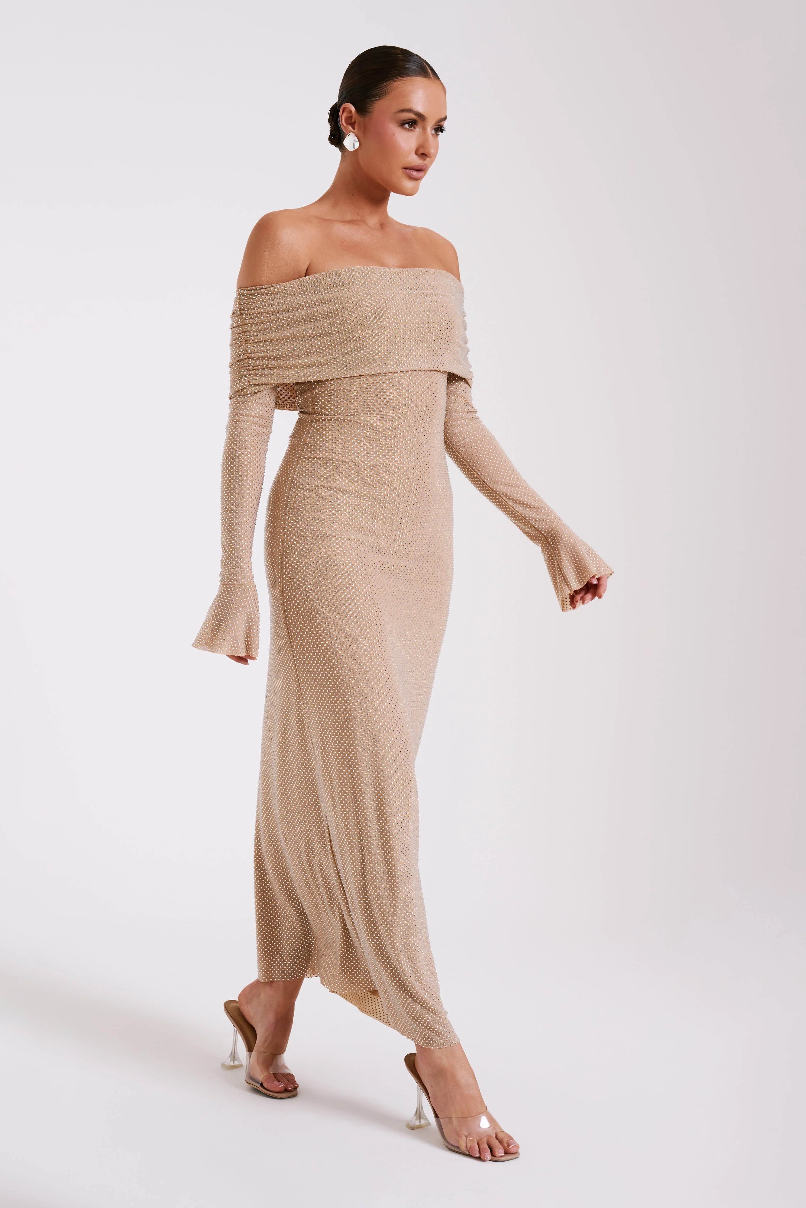 Marcel Off Shoulder Diamante Maxi Dress Nude