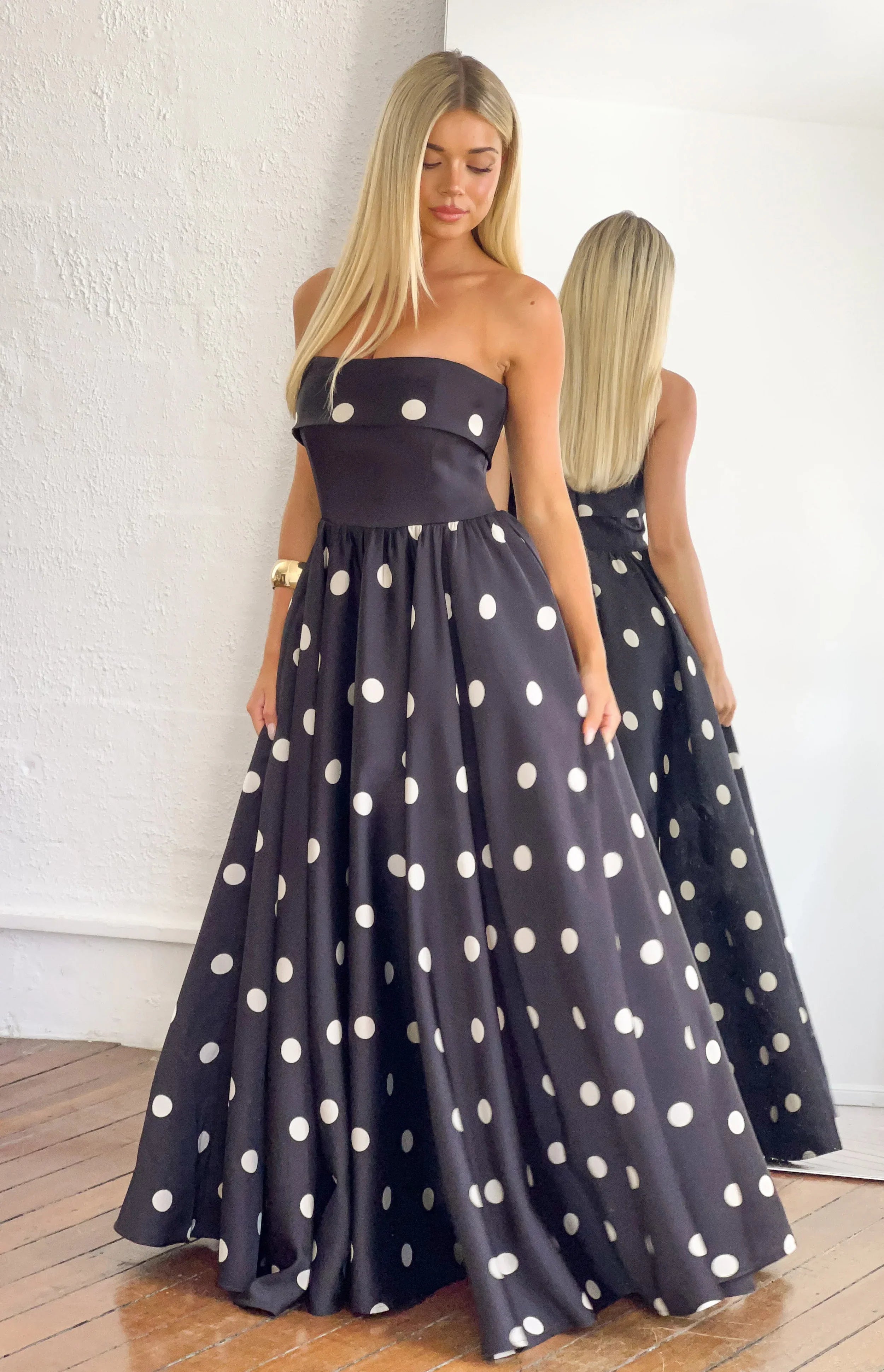 Julianne Strapless Polka Dot Satin Maxi Dress - PRE ORDER