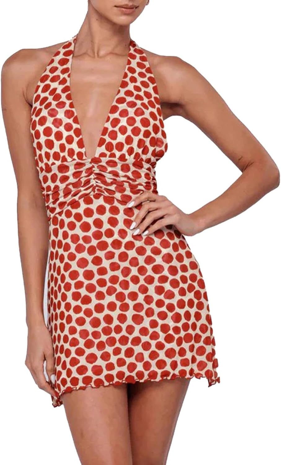 Women Polka Dot Mini Dress Halter Deep V Neck Backless Dresses Going Out Beach Vacation