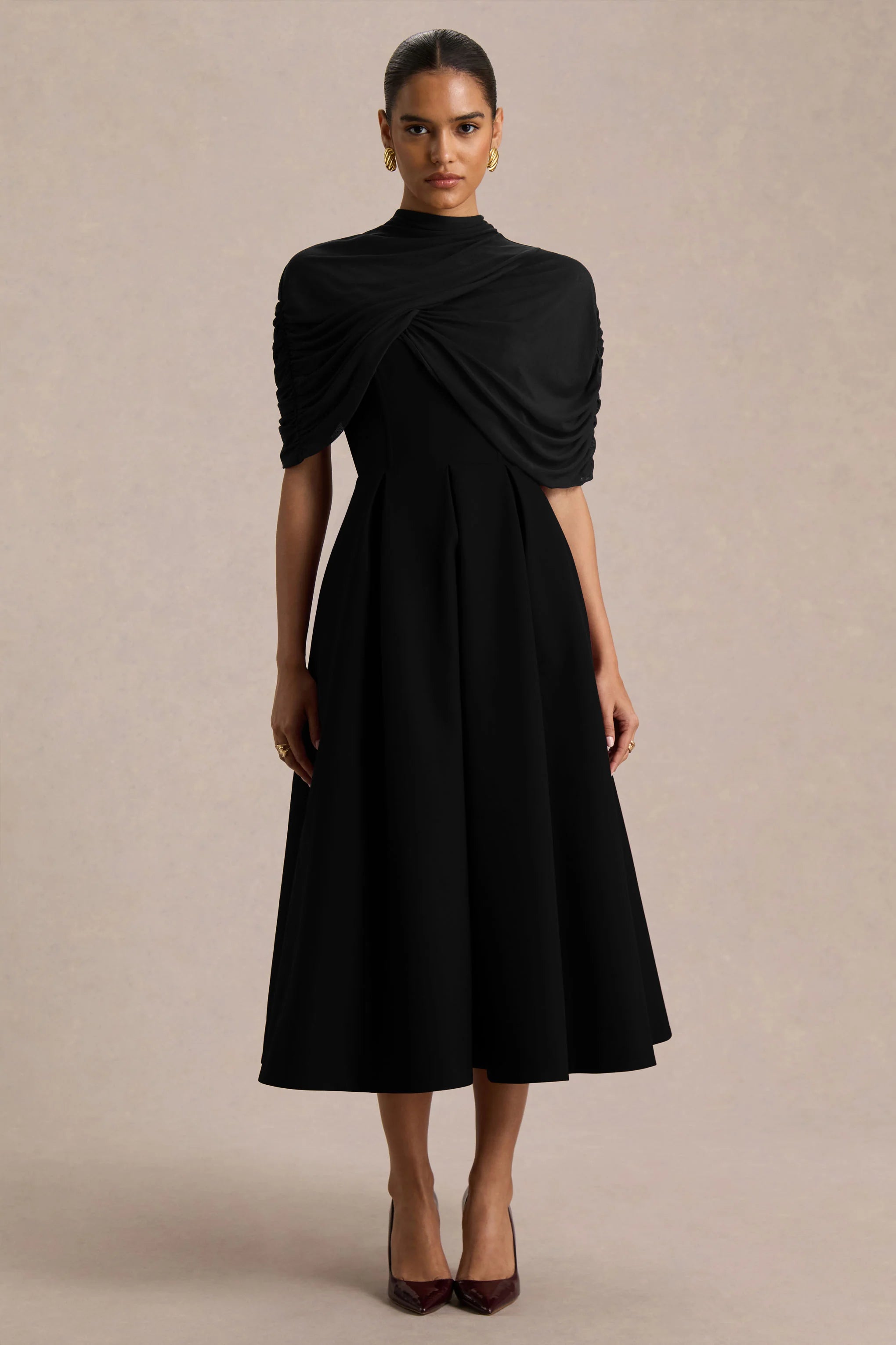 Thalia Black High Neck Midi Dress With Sheer Mesh Cape