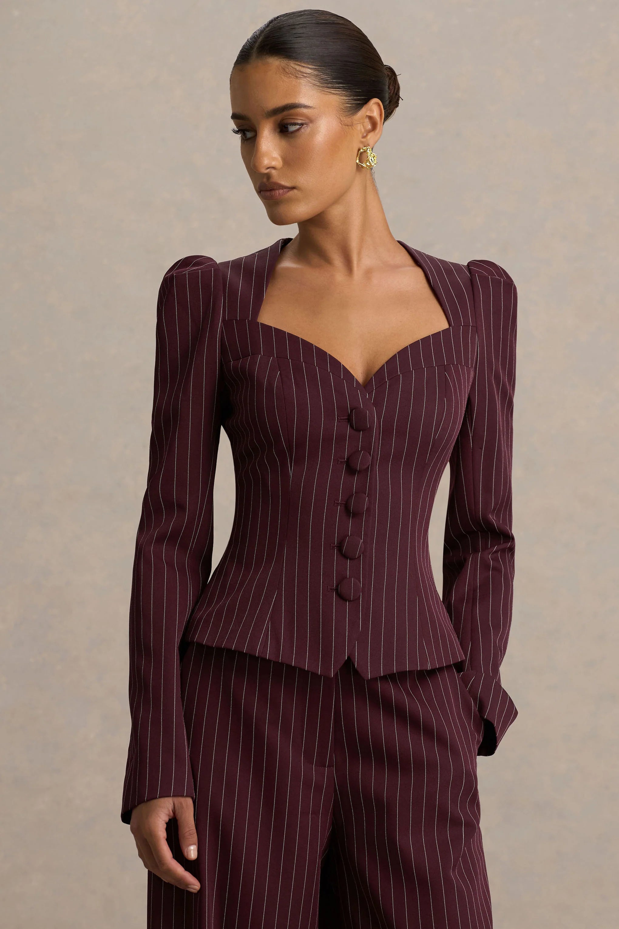 Lana Burgundy Pinstripe Woven Sweetheart Neck Tailored Top