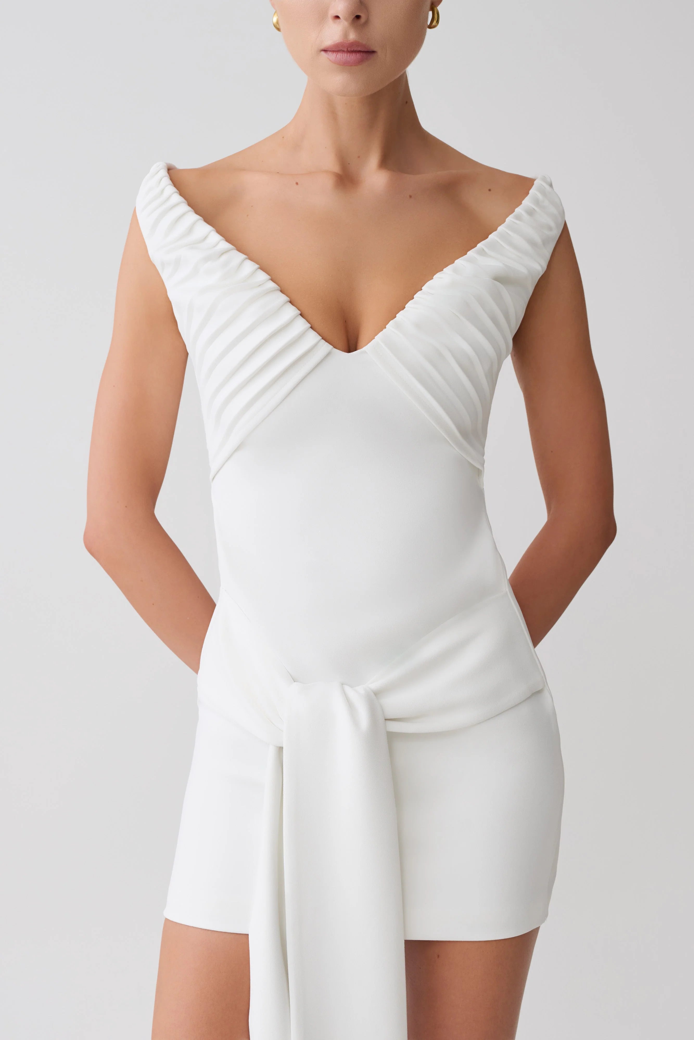 Runa Off Shoulder Mini Dress With Waist Tie White