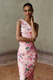 Dalarie Pink Floral Print One Shoulder Gathered Maxi Dress