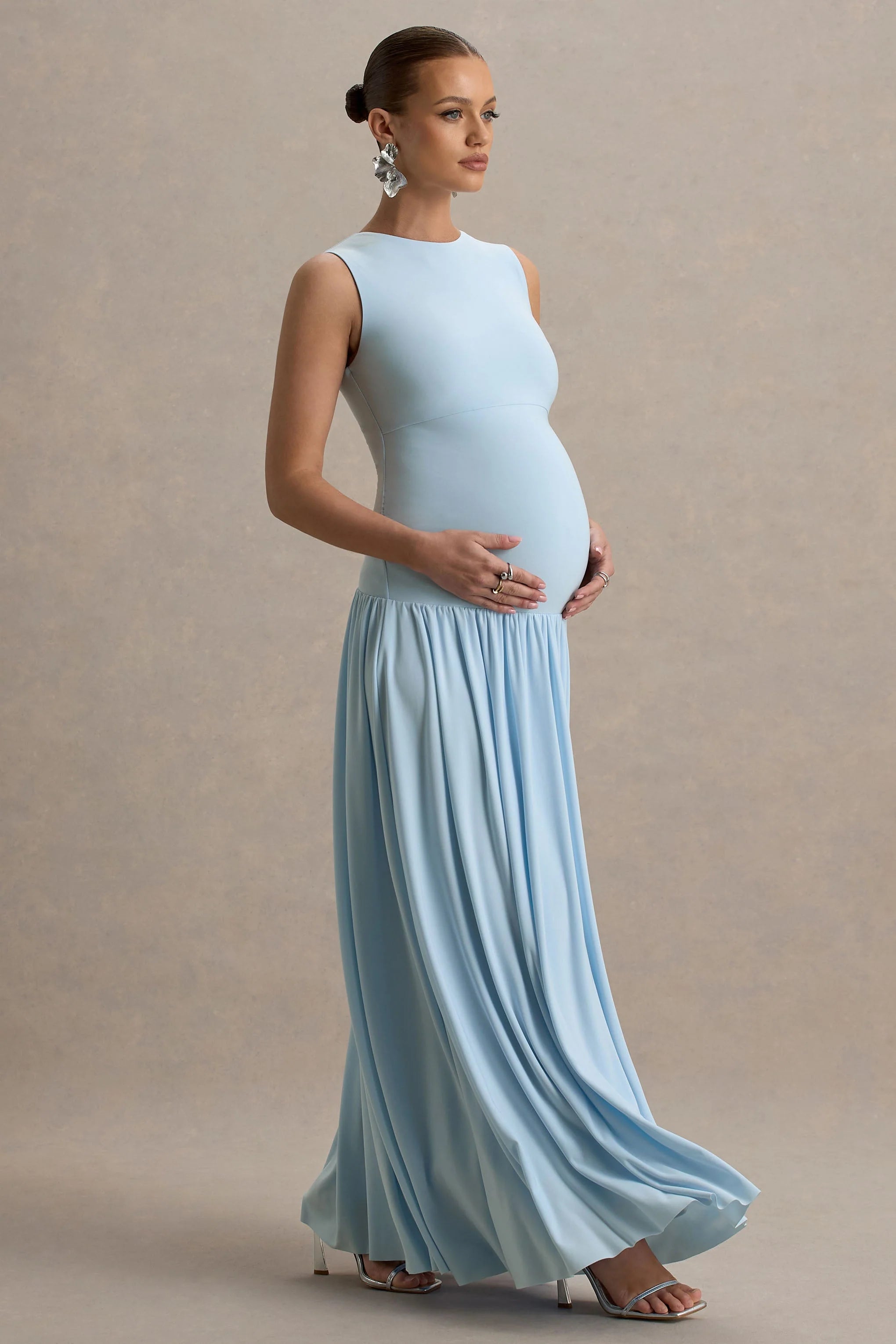 Outline Powder Blue Crew Neck Maternity Maxi Dress With Pleated Skirt