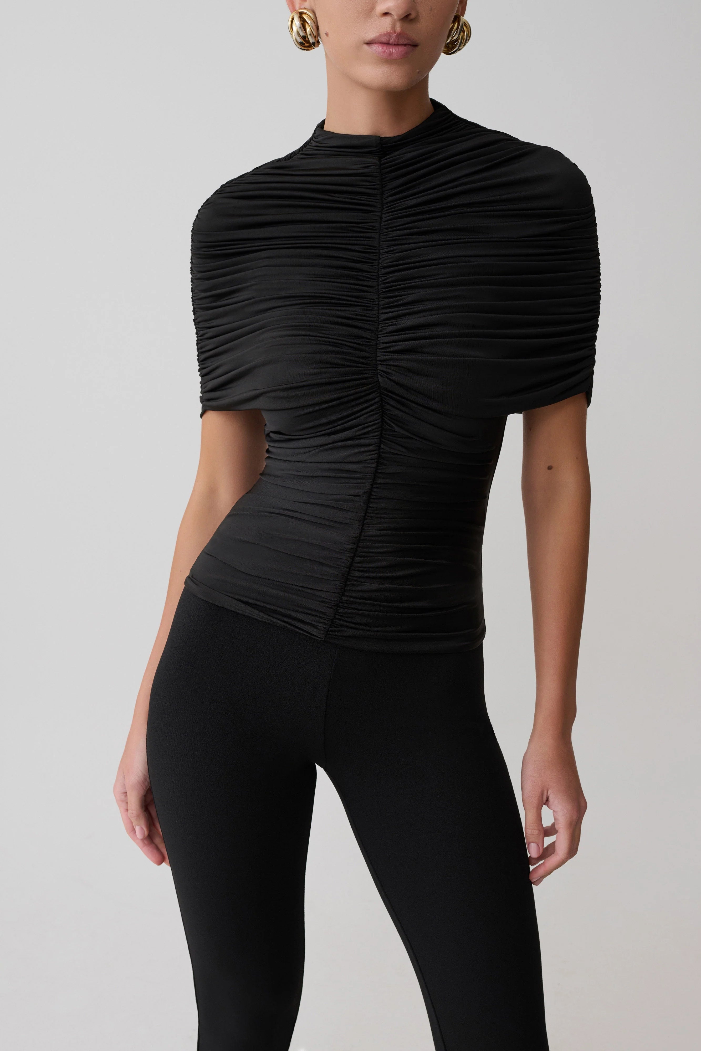 Linh Slinky High Neck Gathered Top Black