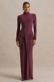 Myra Burgundy High Neck Maxi Dress With Sash and Ruched Detailing