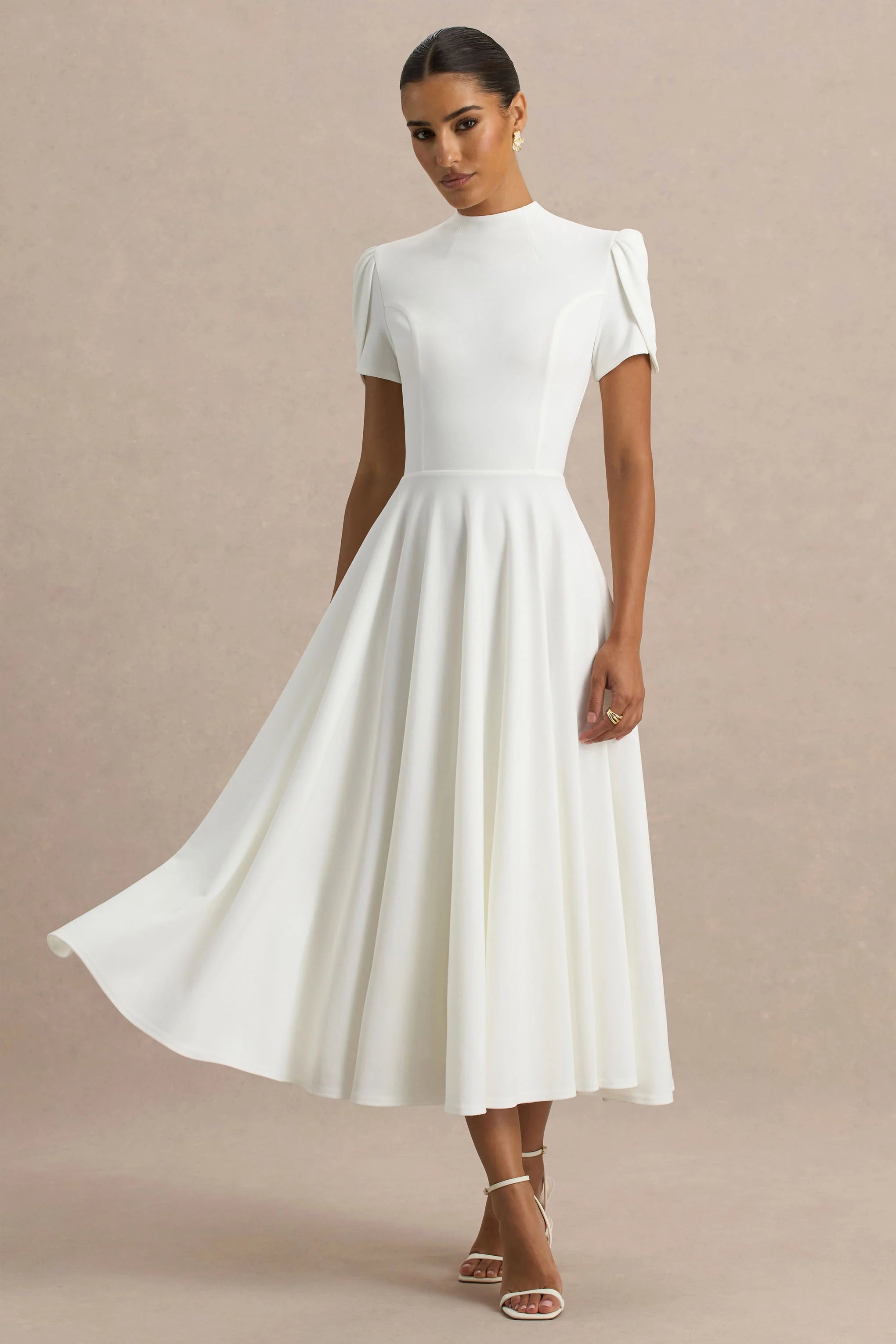 Vicky White High Neck Midi Dress With Puff Sleeves