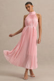Tulip Blush Pink Pleated High Neck Midi Dress