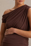 Linnea Brown Asymmetric Neck Maternity Midi Dress
