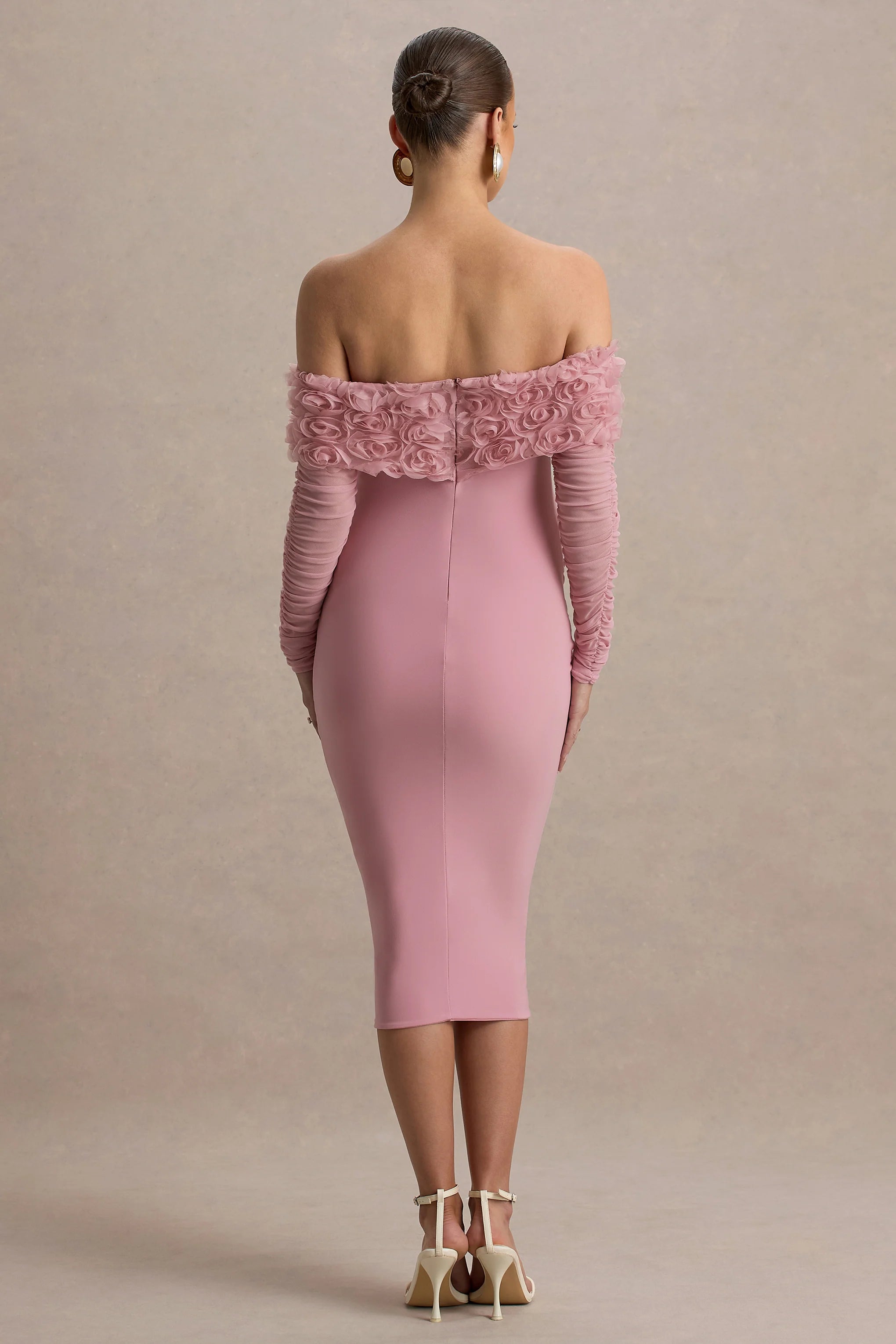 Adita Blush Pink Mesh Floral Bardot Maternity Midi Dress