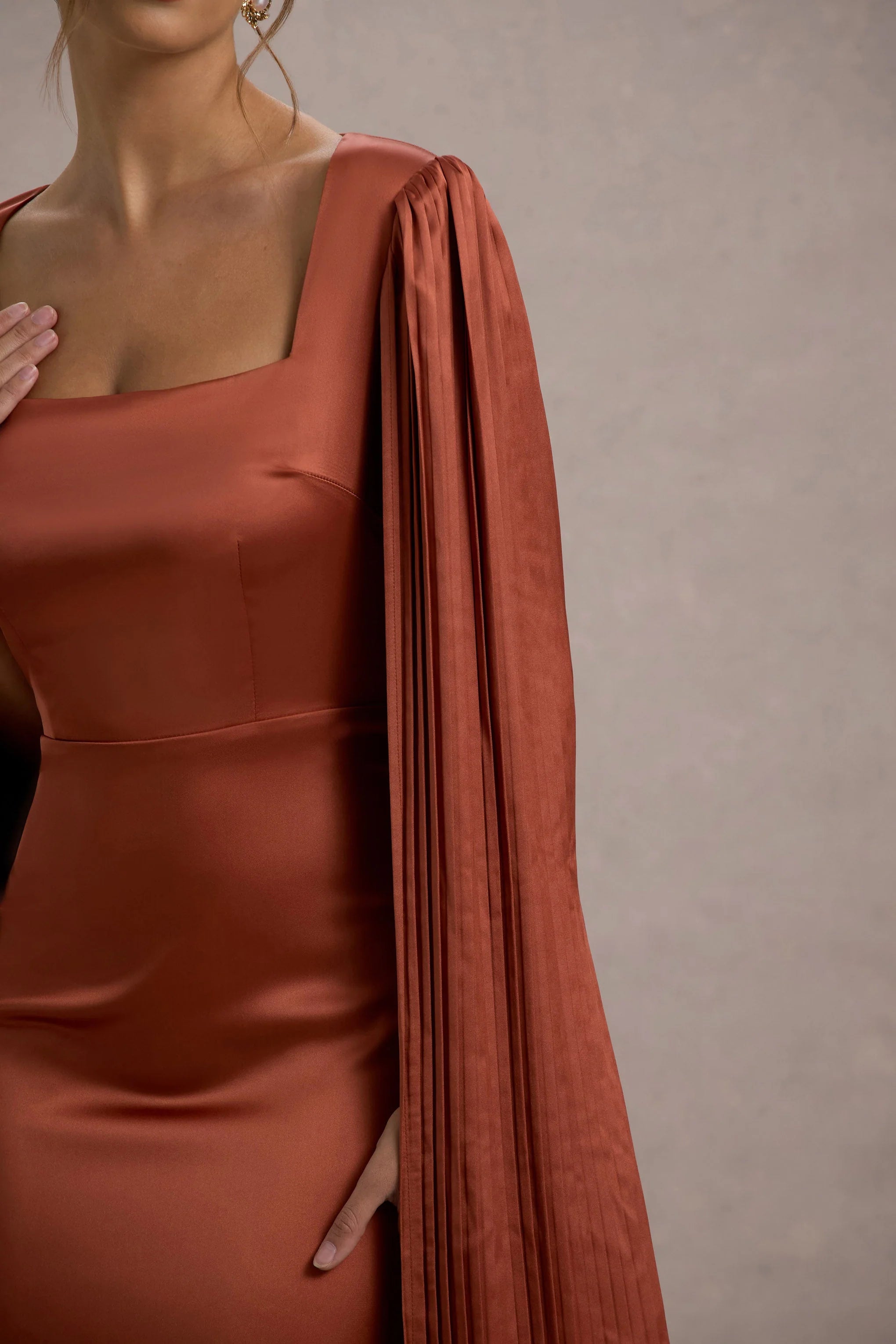 Saloma Rust Satin Square Neck Maxi Dress With Cape Sleeves