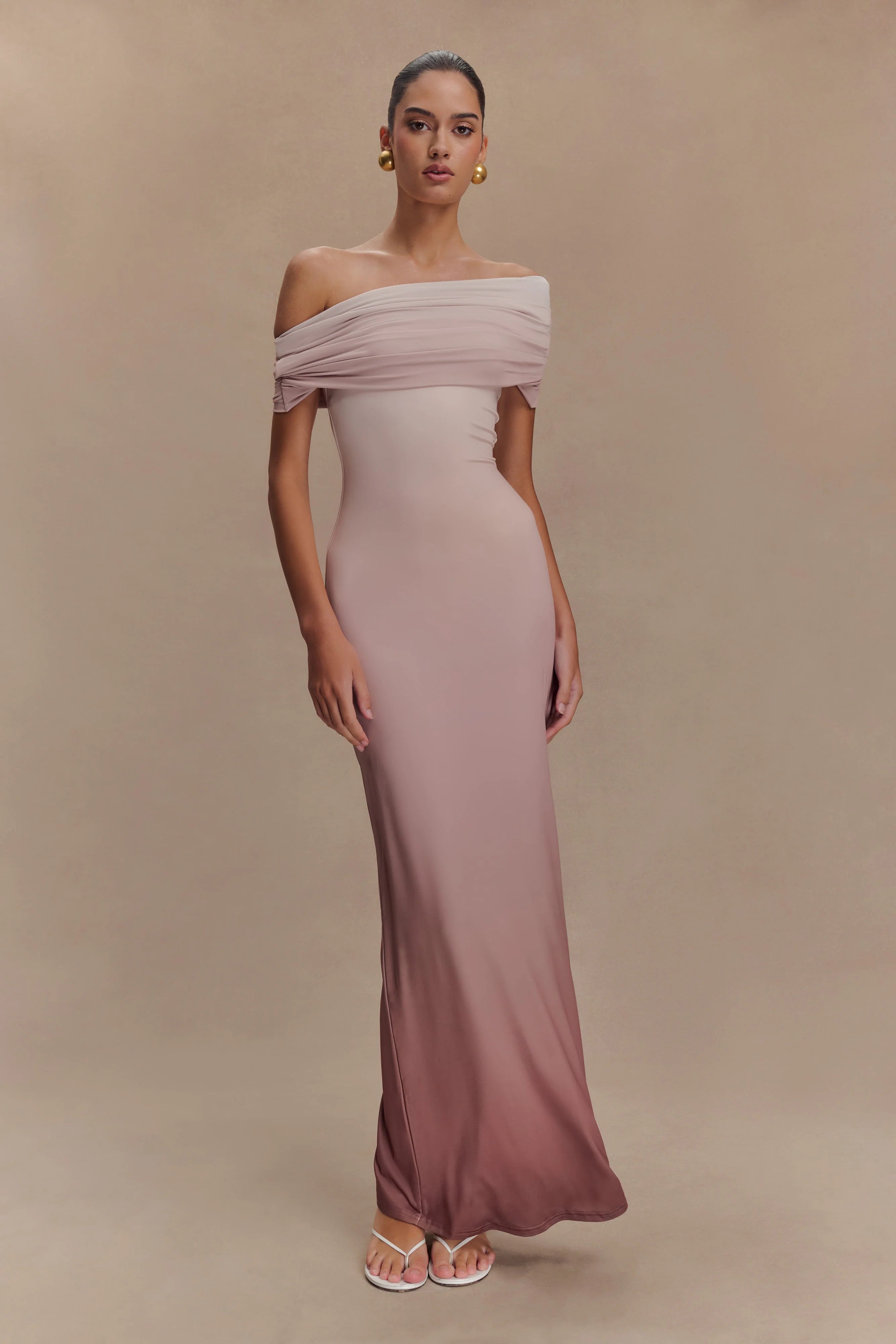 Cassandra Off Shoulder Slinky Maxi Dress Neutral Ombre