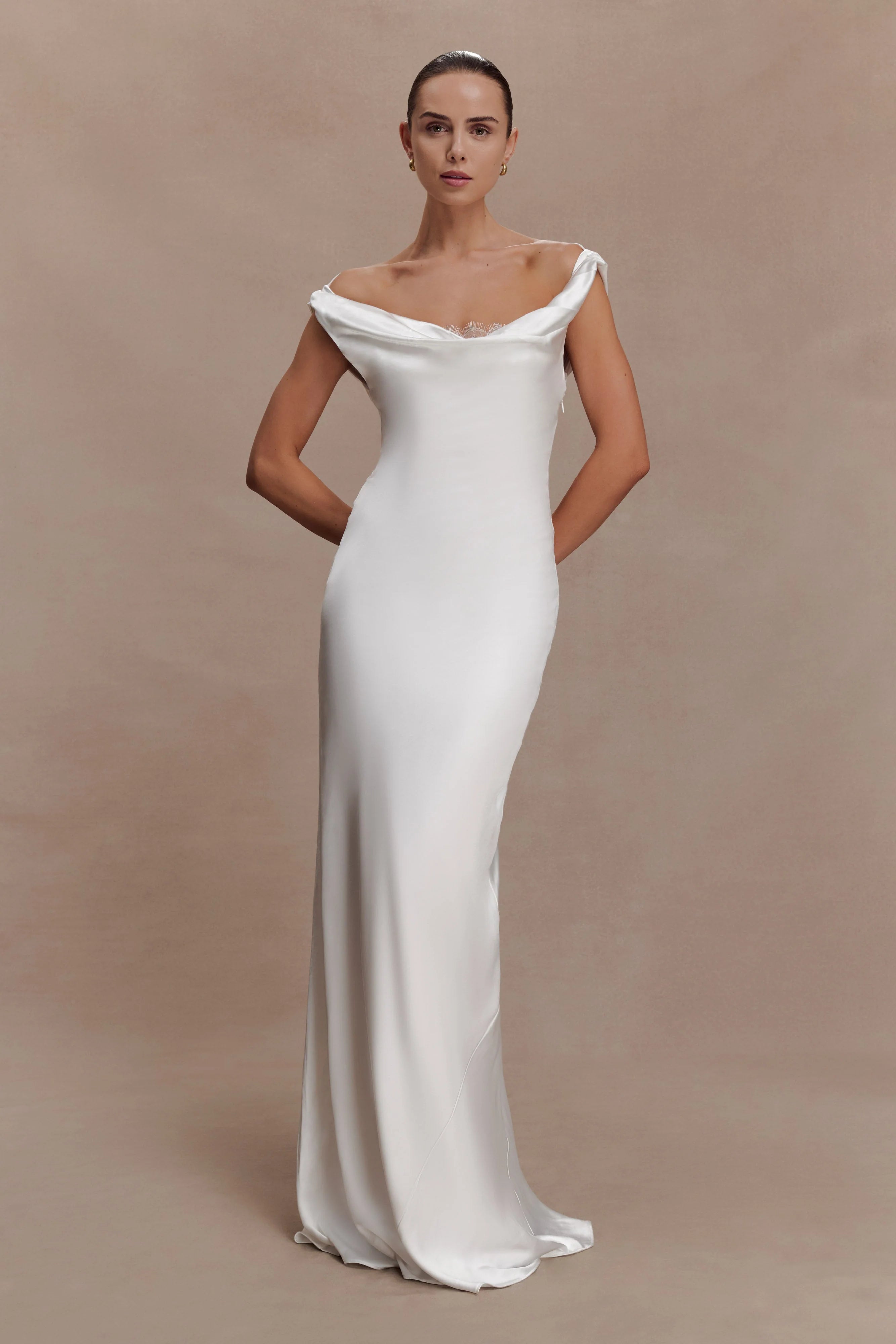 Ashley Cowl Neck Lace And Satin Maxi Dress Ivory