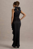 Maureen Black Satin High Neck Draped Maxi Dress