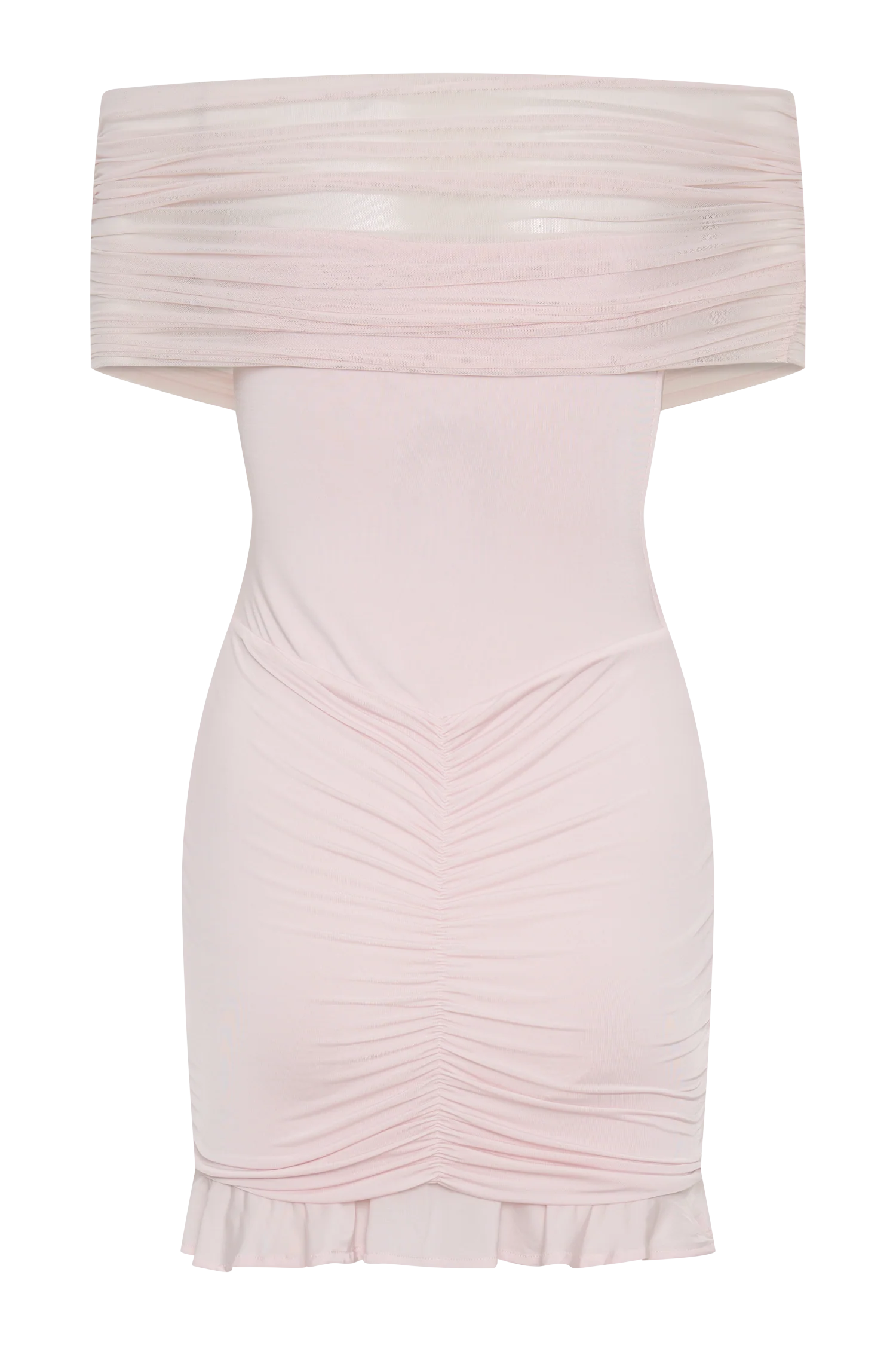 Caspian Slinky And Mesh Off Shoulder Mini Dress Pale Pink