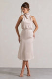 Geena Champagne Satin Twisted High Neck Midi Dress