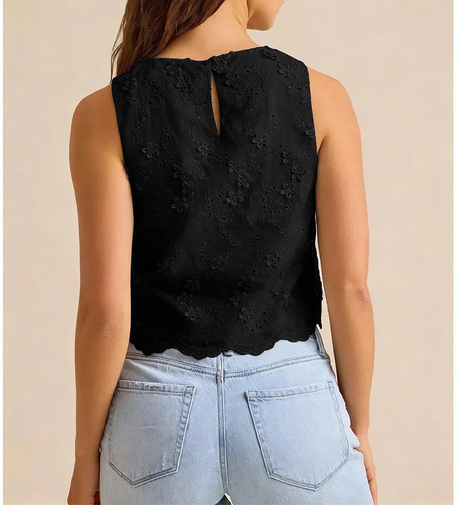 Women Eyelet Embroidered Tank Top Sleeveless Side Tie Summer Going Out Crop Top