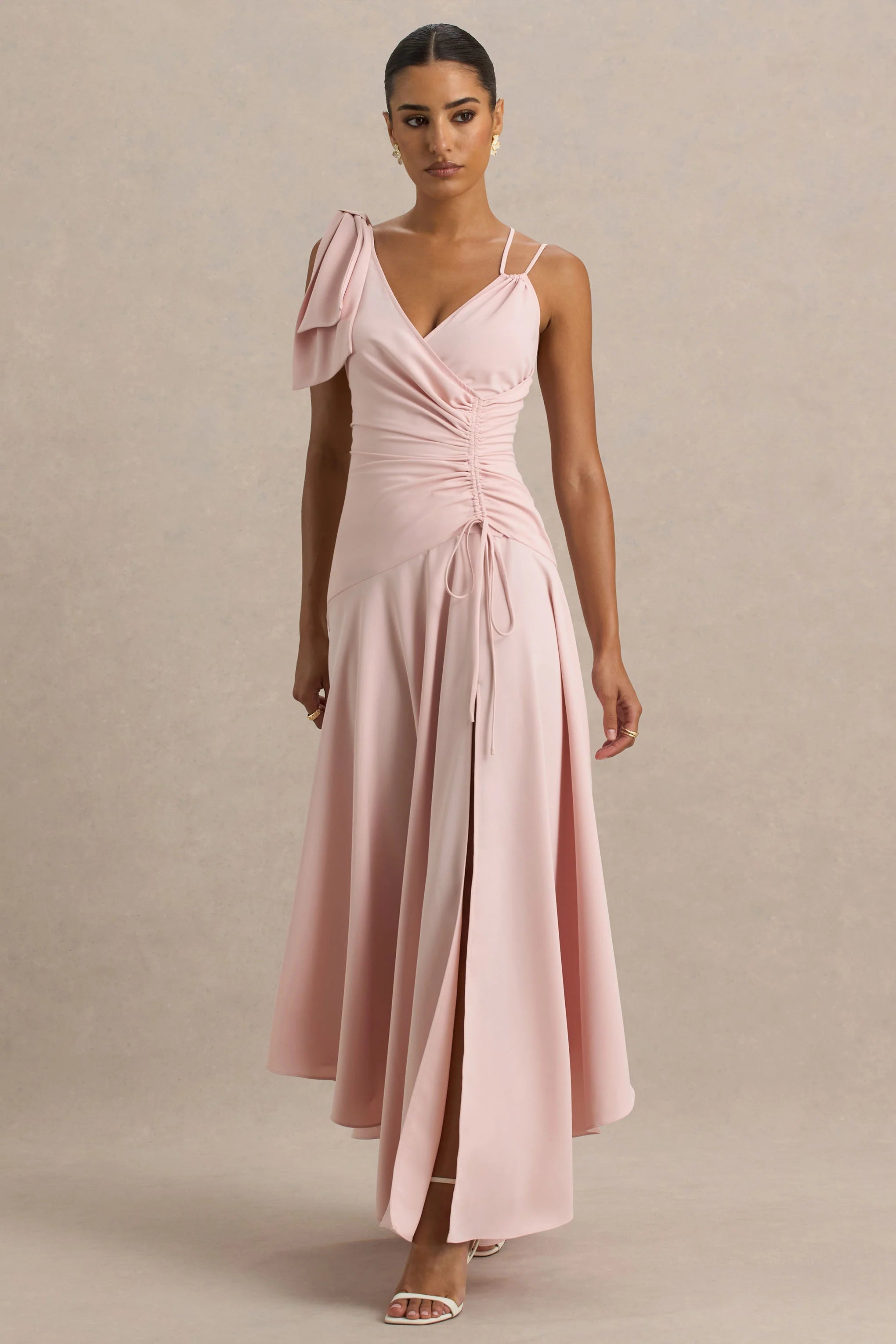 Julieta Baby Pink Asymmetric Neck Maxi Dress With Bow Detail And Open Back