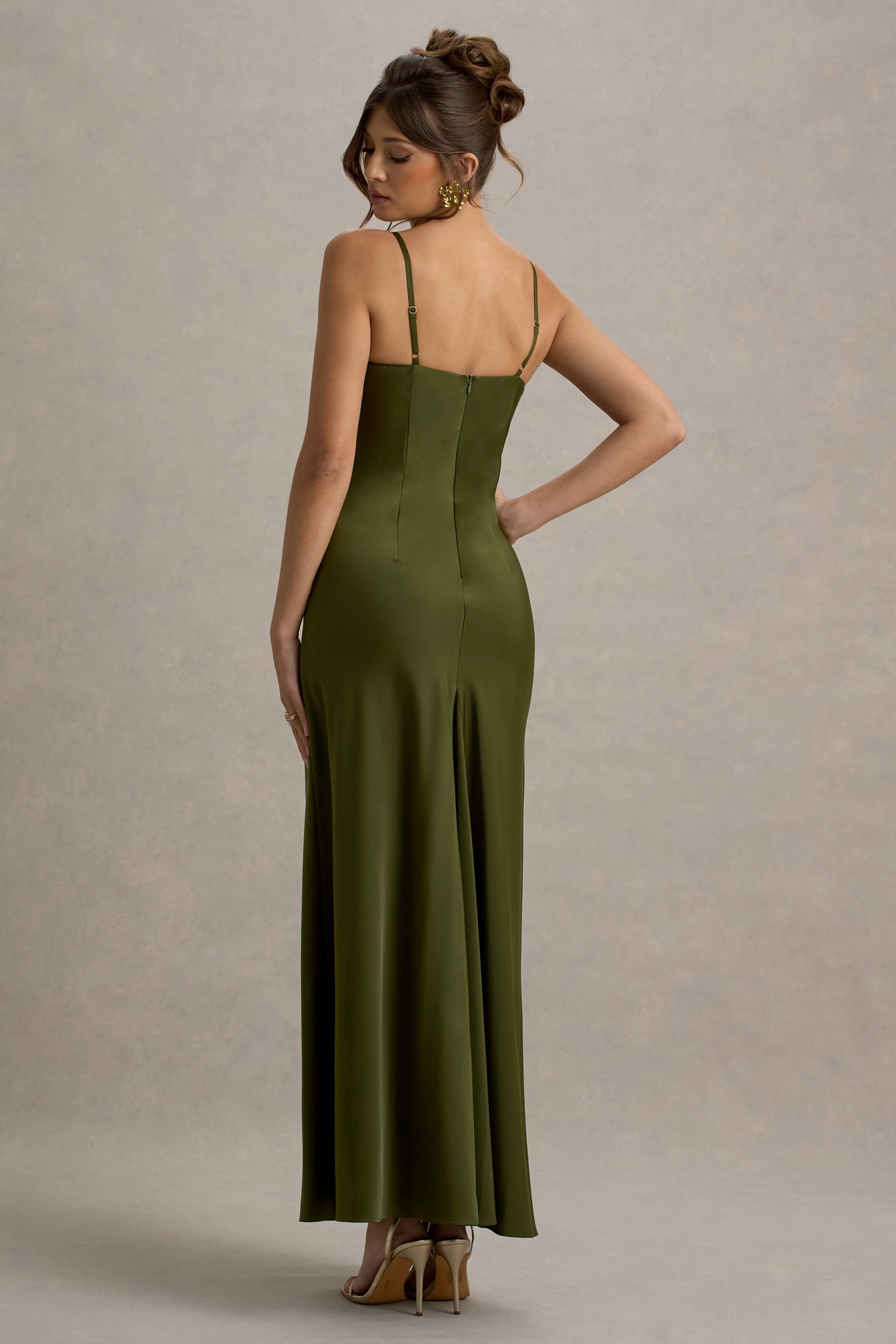 Eimear Olive Green Satin Draped Sweetheart Maxi Dress