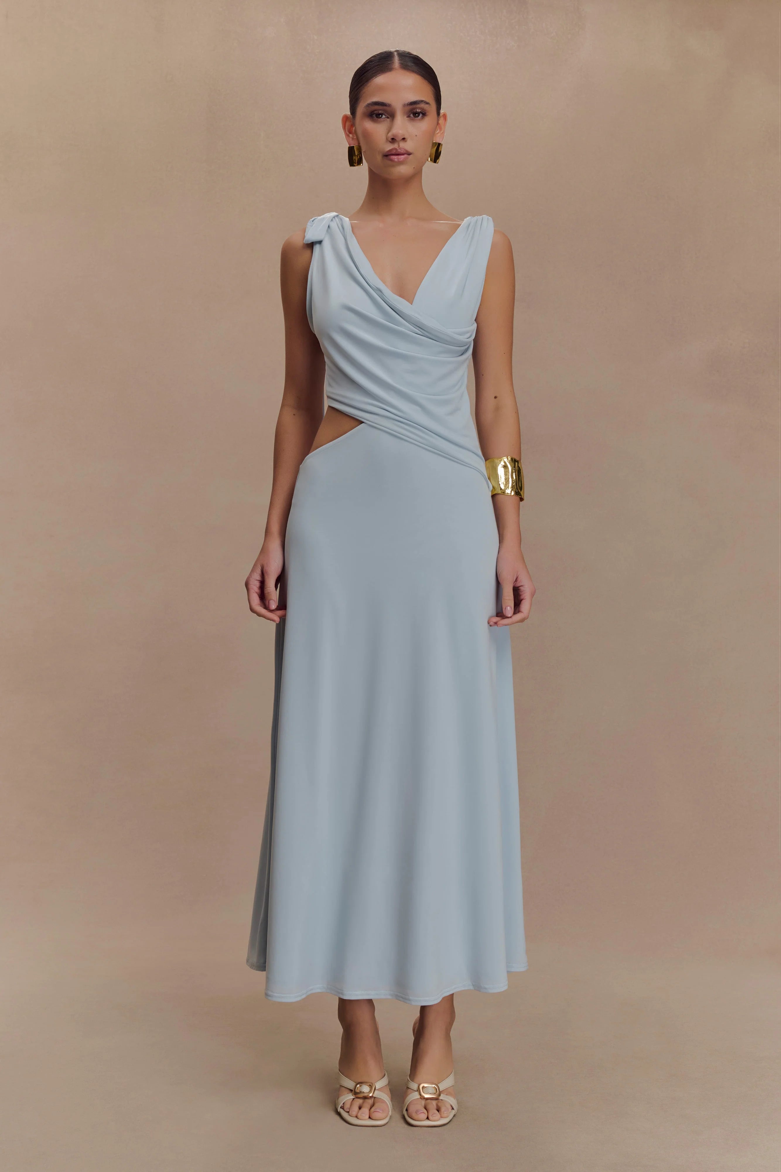 Raleigh Asymmetrical Slinky Midi Dress Pale Blue