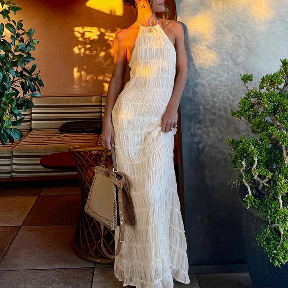 Women Backless Dress Sleeveless Textured Halter Open Back Maxi Dresses Vacation Wedding Guest