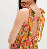 Women Floral Maxi Dress Tie Shoulder Cutout Backless Boho Smocked Flowy Dresses Summer Fall Sundress