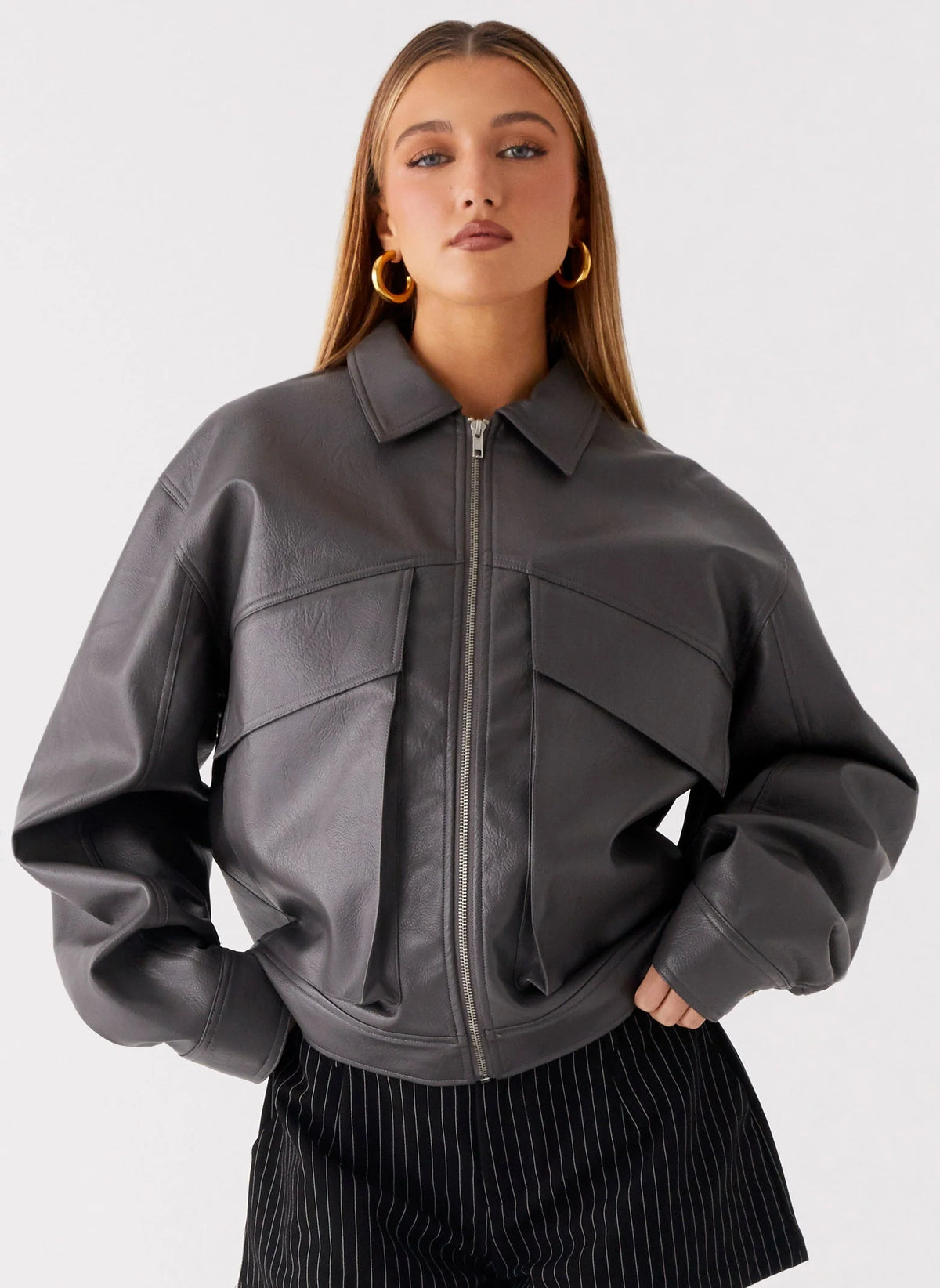 Lula Faux Leather Bomber Jacket Charcoal