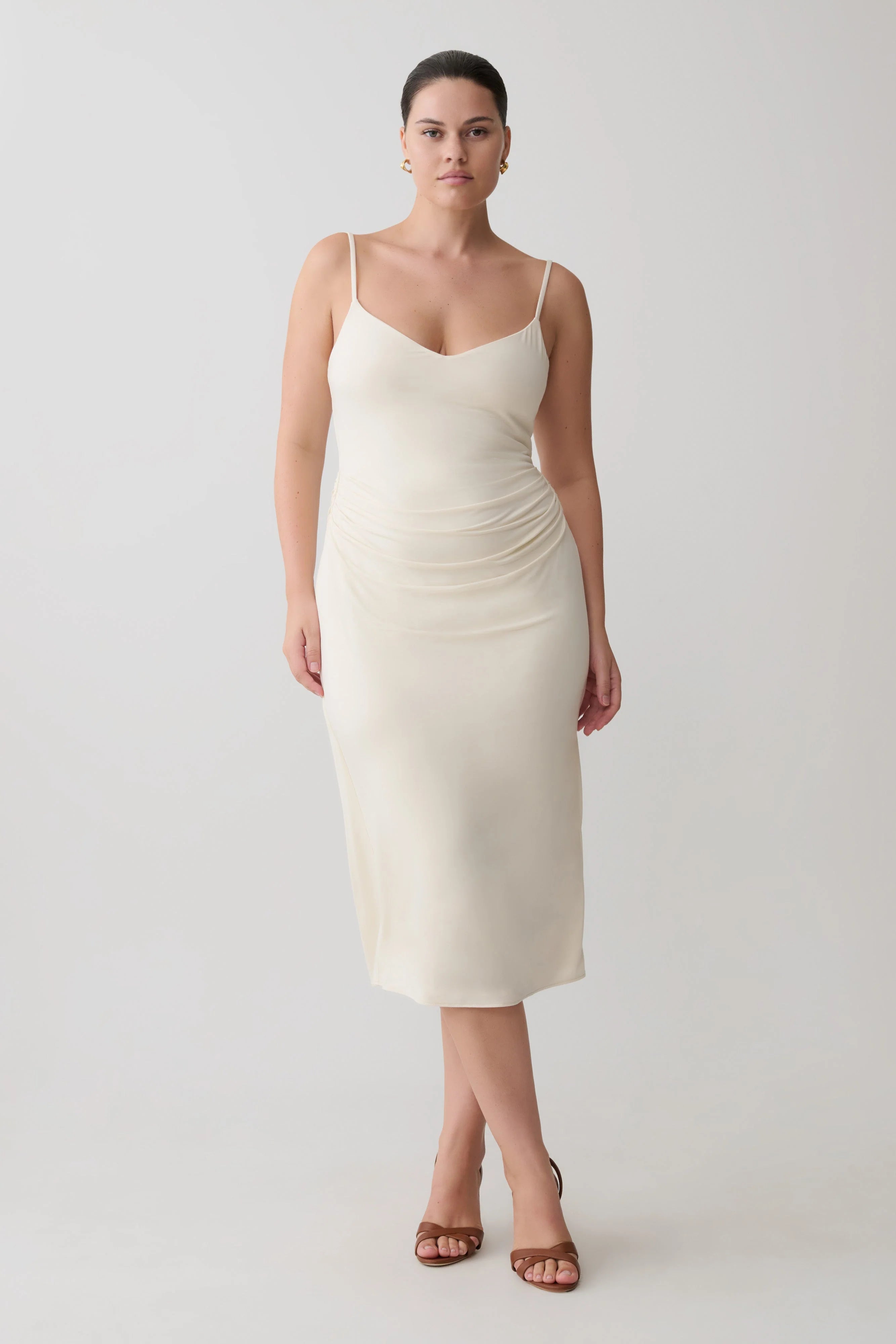 Vina Gathered Jersey Midi Dress Ivory