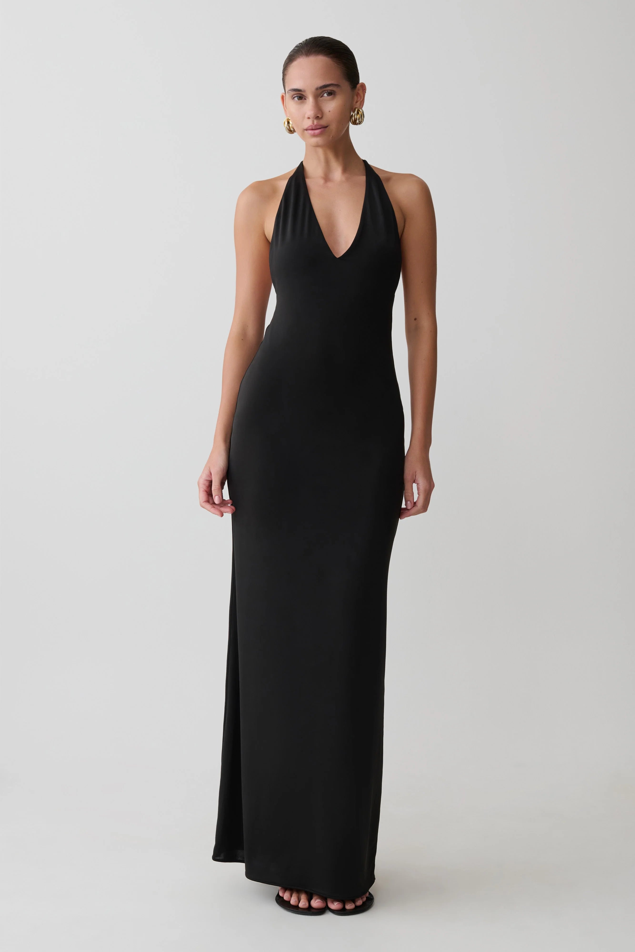 Hana Slinky Plunge Maxi Dress Black