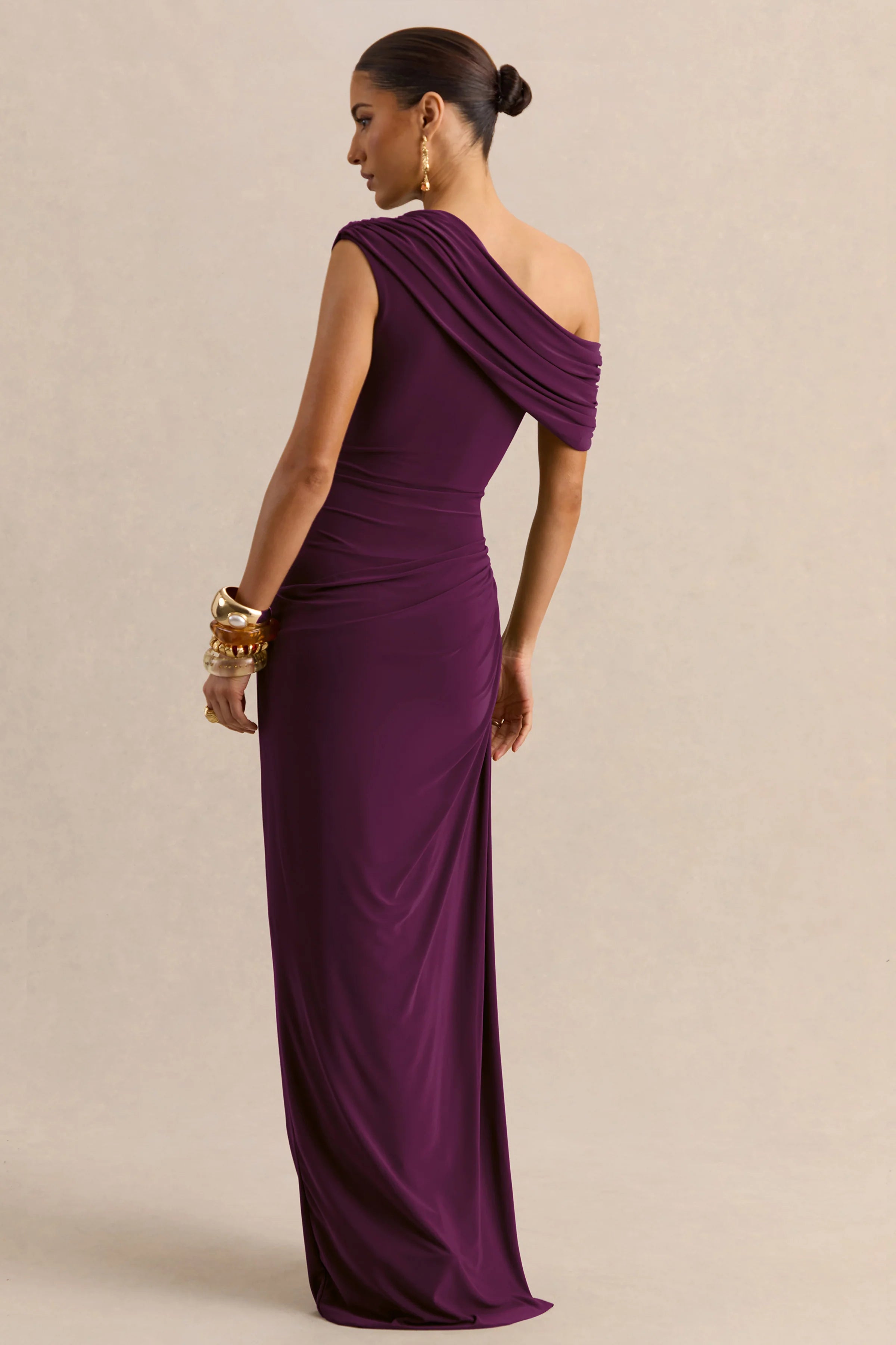 Avialee Dark Plum Asymmetric Neck Maxi Dress With Gathered Detailing And Sash